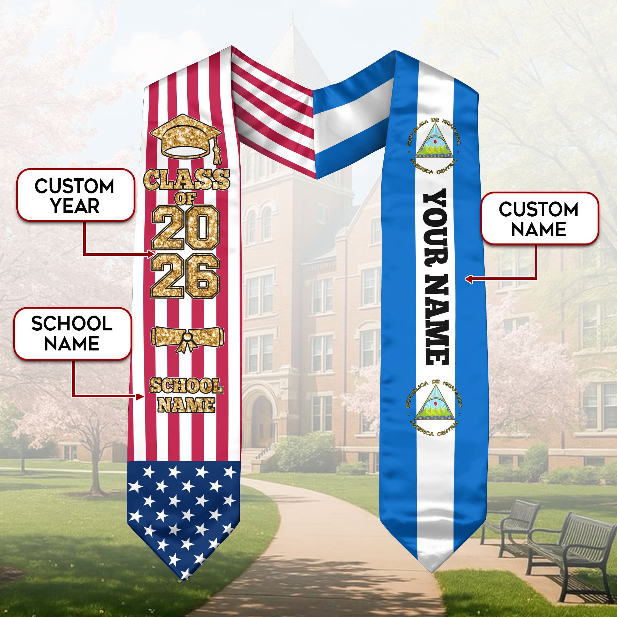 Customized Nicaragua Graduation Stole Featuring National Flag Accent, Graduation Sash 2026