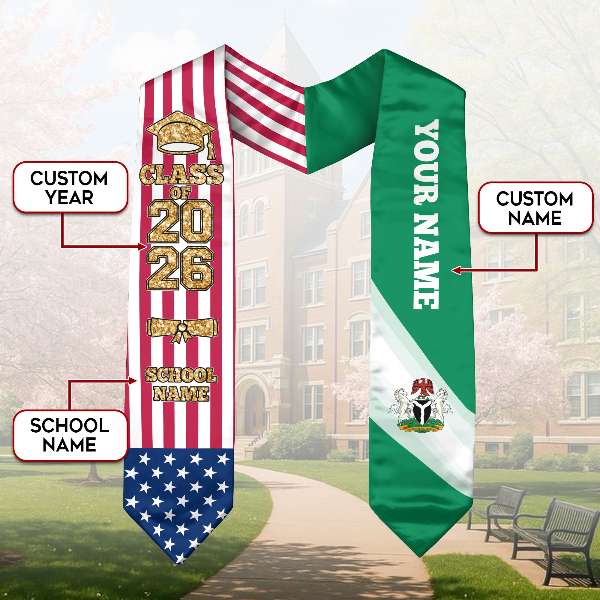 Customized Nigeria Graduation Stole with Nigerian Flag Highlight, Graduation Sash 2026, Class of 2026