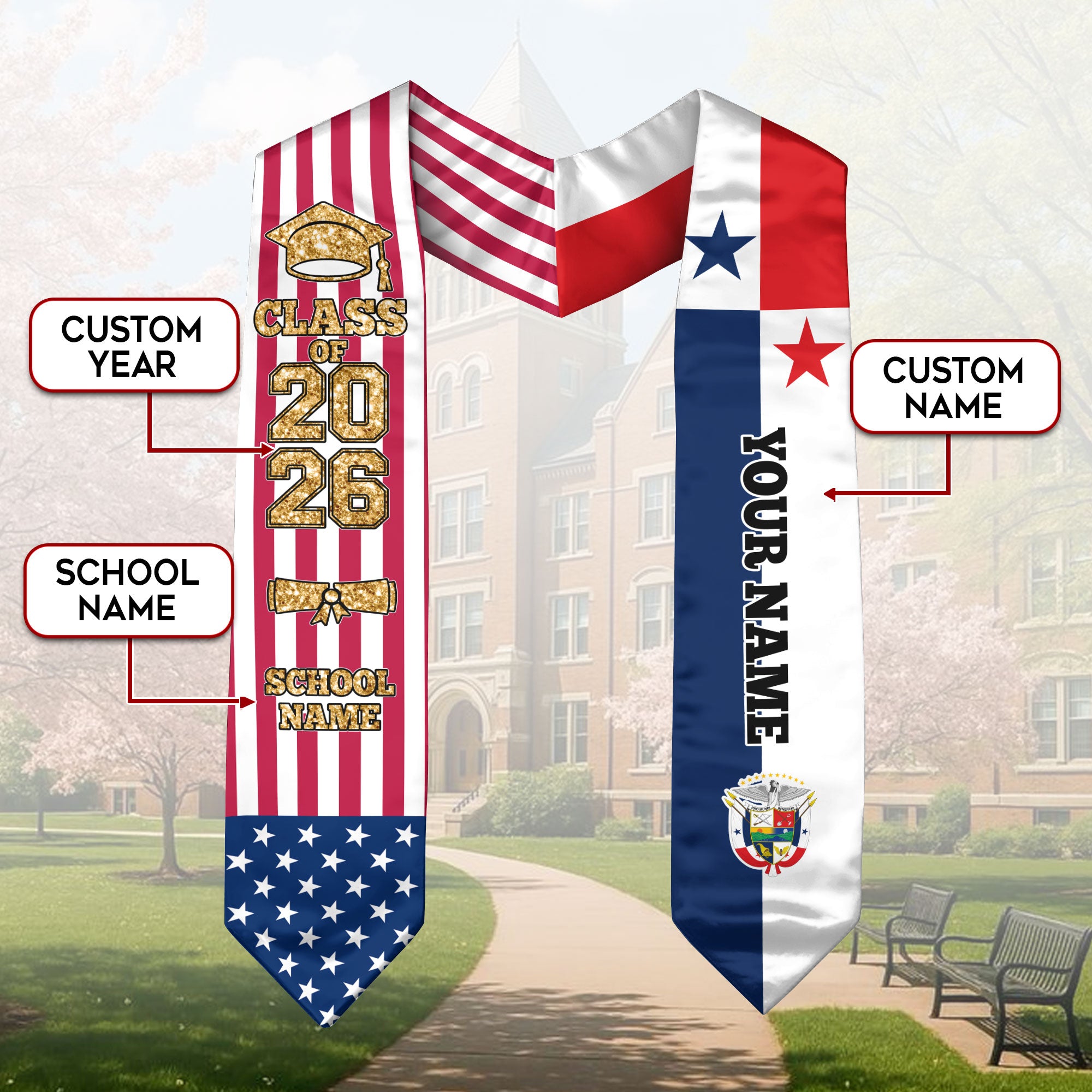 Customized Panama Graduation Stole with Panamanian Flag Detail, Graduation Sash 2026