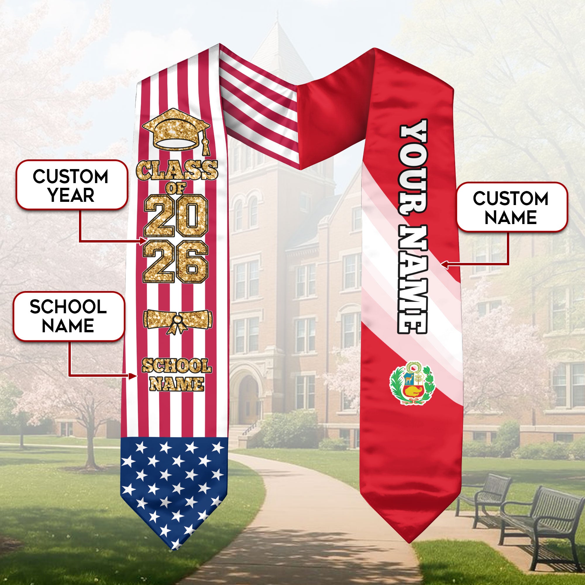 Customized Peru Graduation Stole Featuring Peruvian Flag Accent, Graduation Sash 2026, Class of 2026