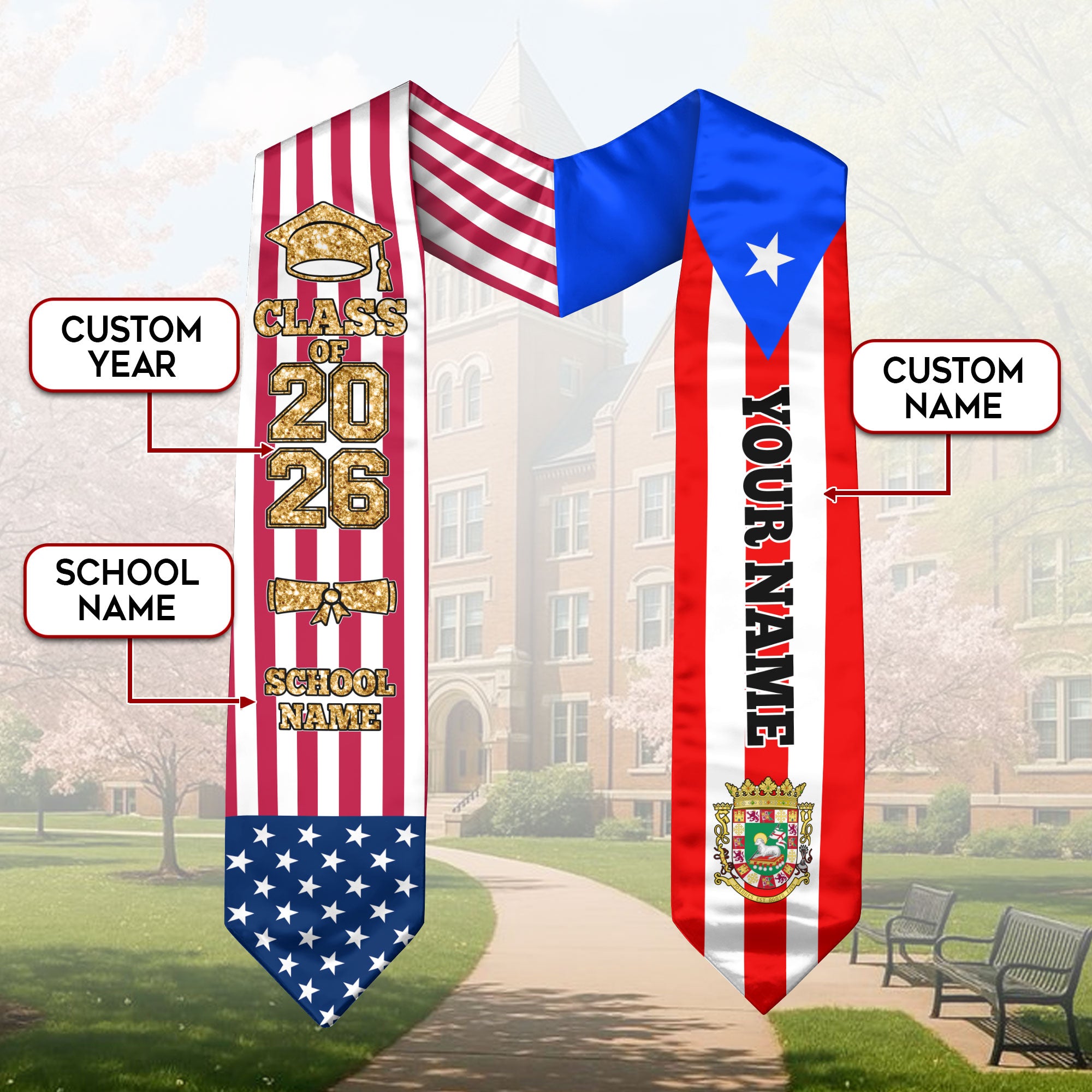 Customized Puerto Rico Graduation Stole with Island Flag Highlight, Graduation Sash 2026, Class of 2026