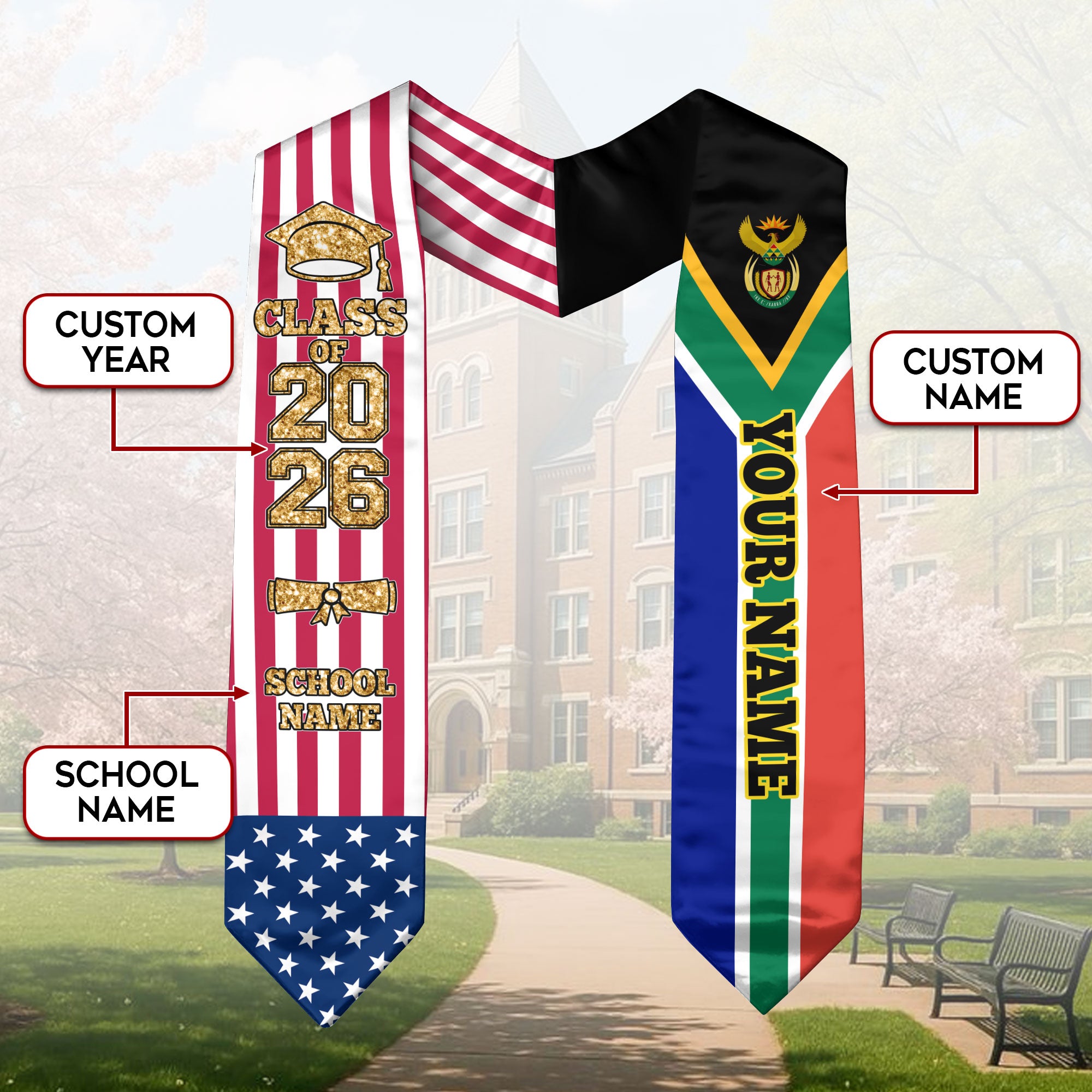 Customized South Africa Graduation Stole with National Flag Accent, Graduation Sash 2026, Class of 2026