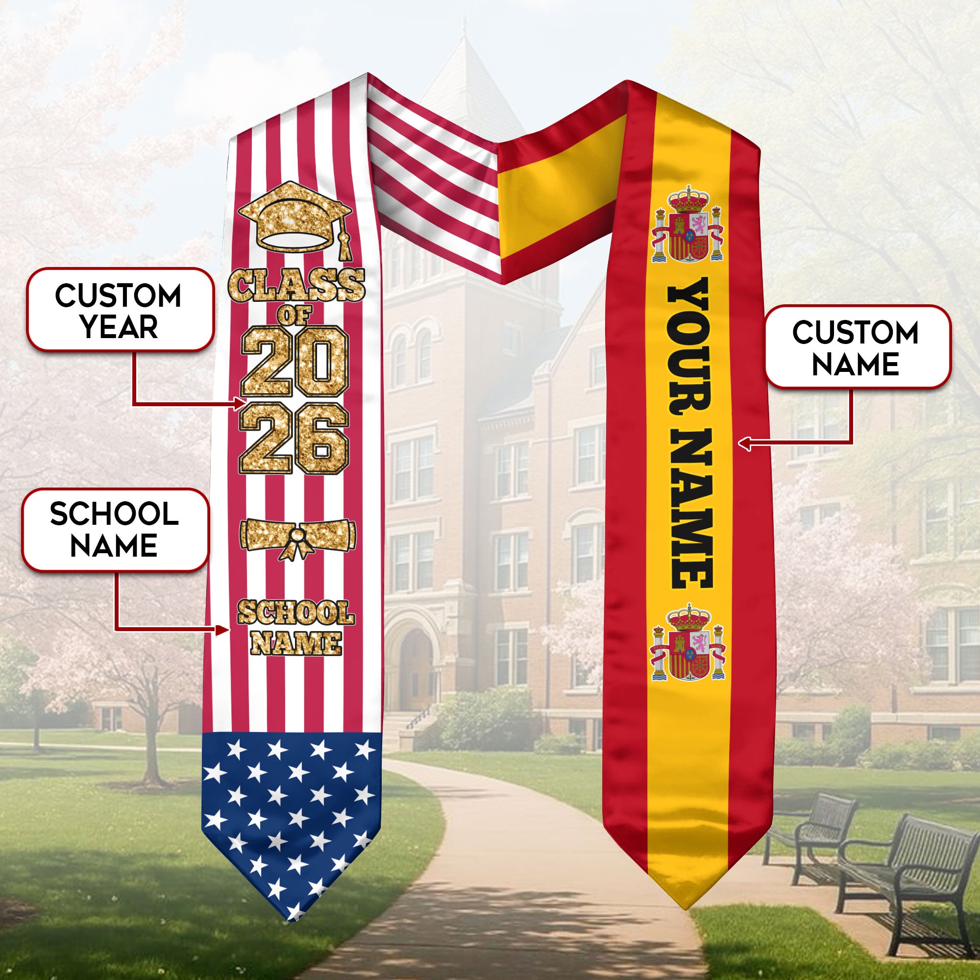 Customized Spain Graduation Stole Featuring Spanish Flag Colors, Graduation Sash 2026, Class of 2026