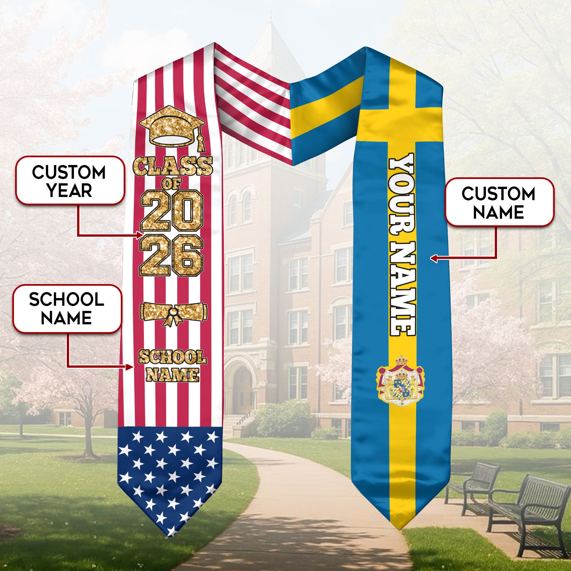 Customized Sweden Graduation Stole with Swedish Flag Feature, Graduation Sash 2026, Class of 2026