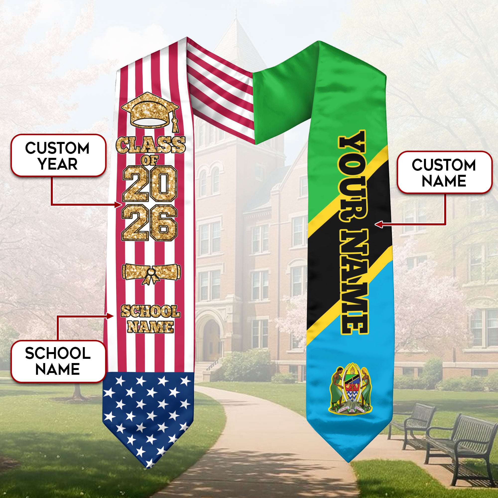 Customized Tanzania Graduation Stole Featuring National Flag Accent, Graduation Sash 2026, Class of 2026