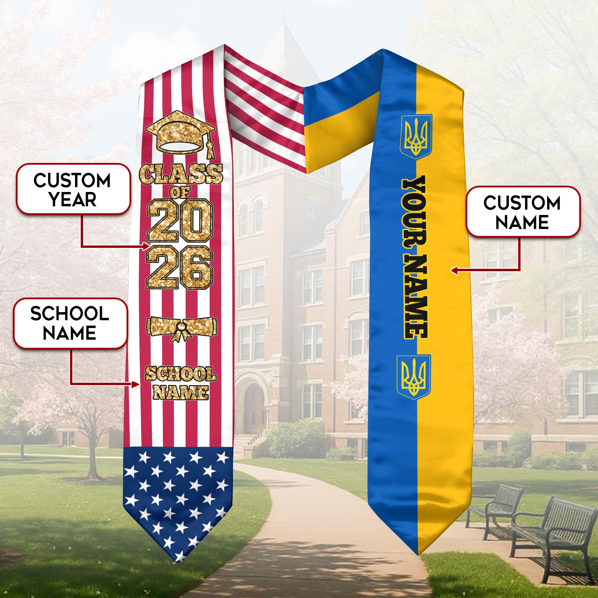 Customized Ukraine Graduation Stole Featuring Ukrainian Flag Colors, Graduation Sash 2026, Class of 2026