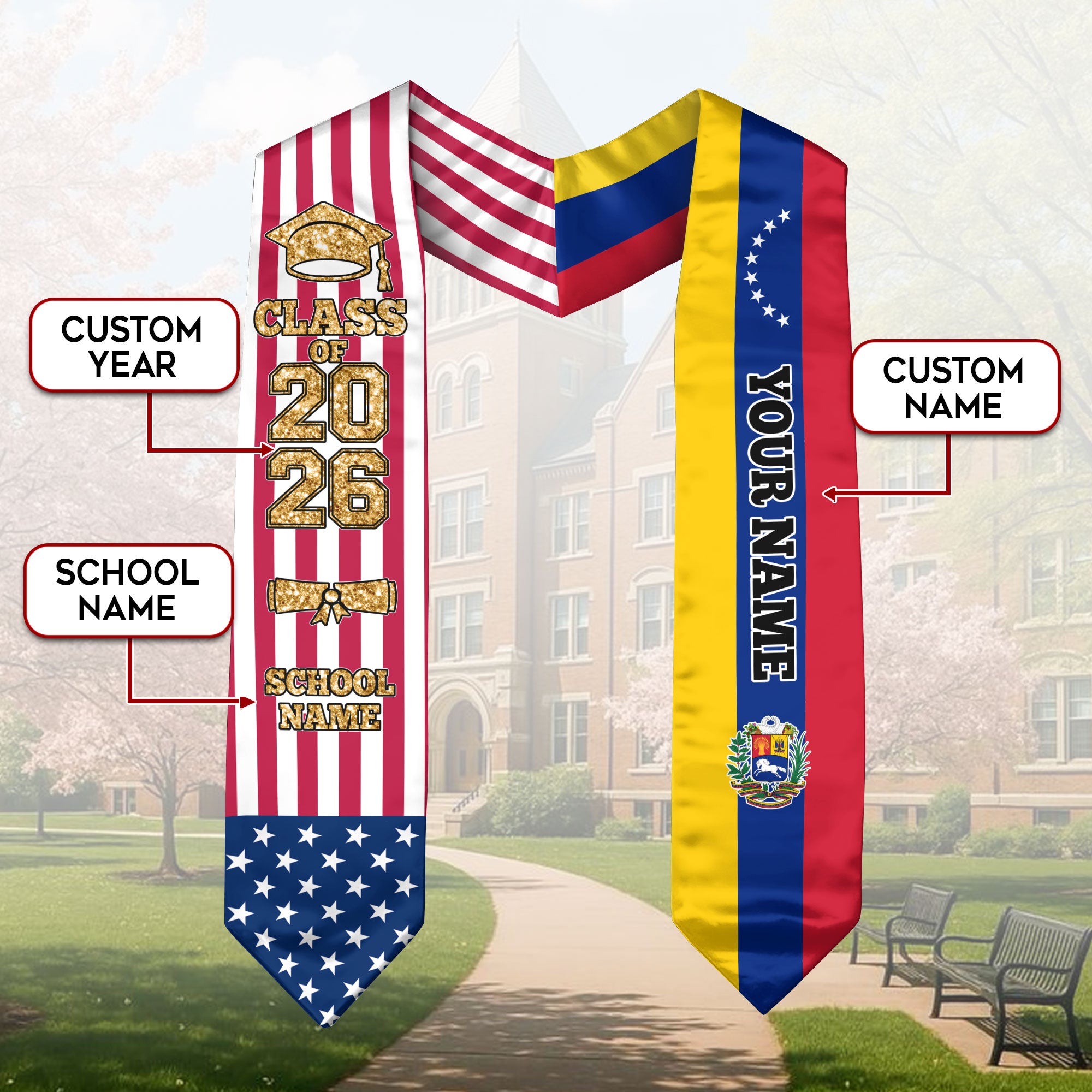 Customized Venezuela Graduation Stole with Venezuelan Flag Accent, Graduation Sash 2026, Class of 2026