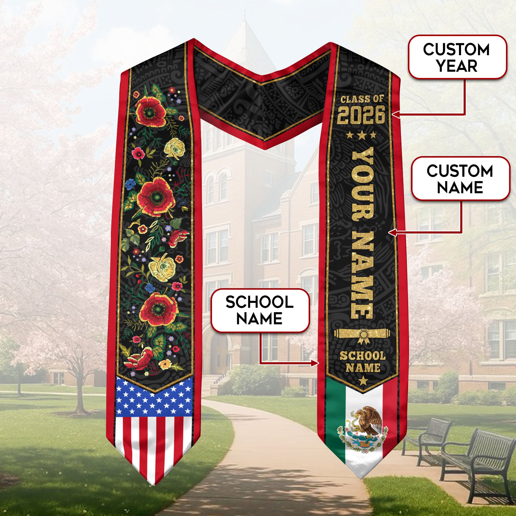 Custom Mexican Graduation Sash 2026, Mexican American Flag Stole, Mexico Grad