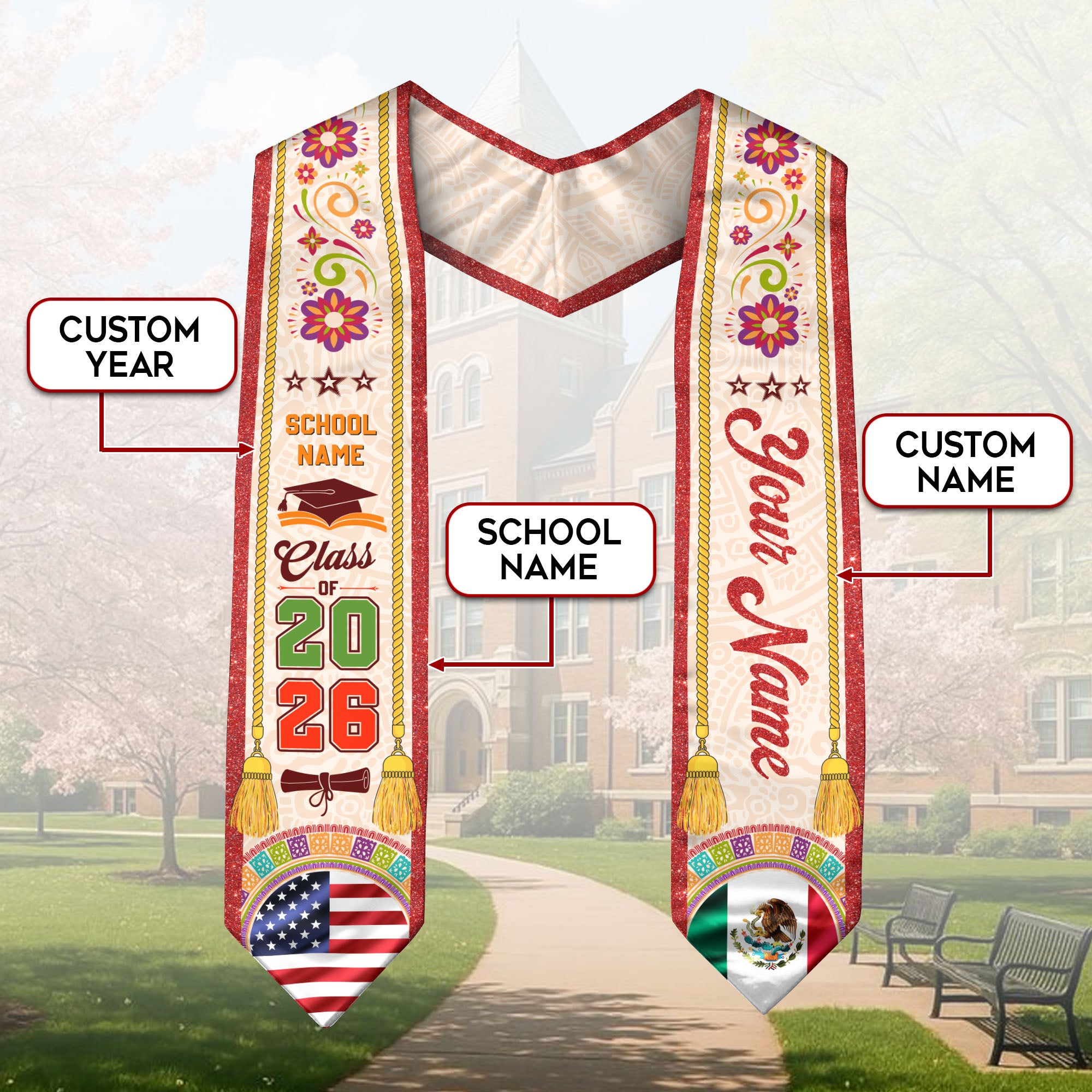 Customizable Mexico Graduation Stole 2026, Mexican Stole, Mexican American Flag Sash