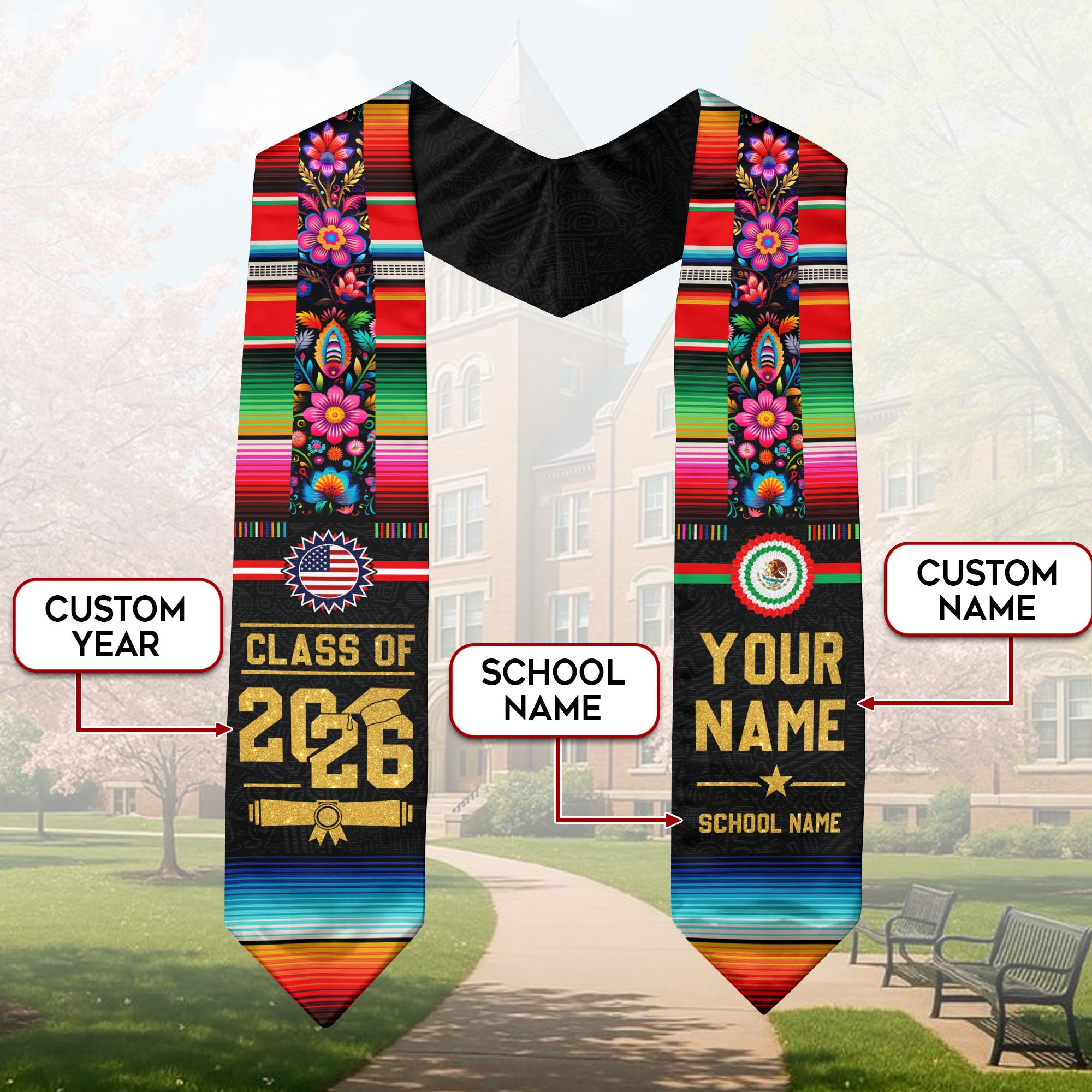 Mexican American Flag Graduation Sash 2026, Mexico Graduation Stole, Made to Order