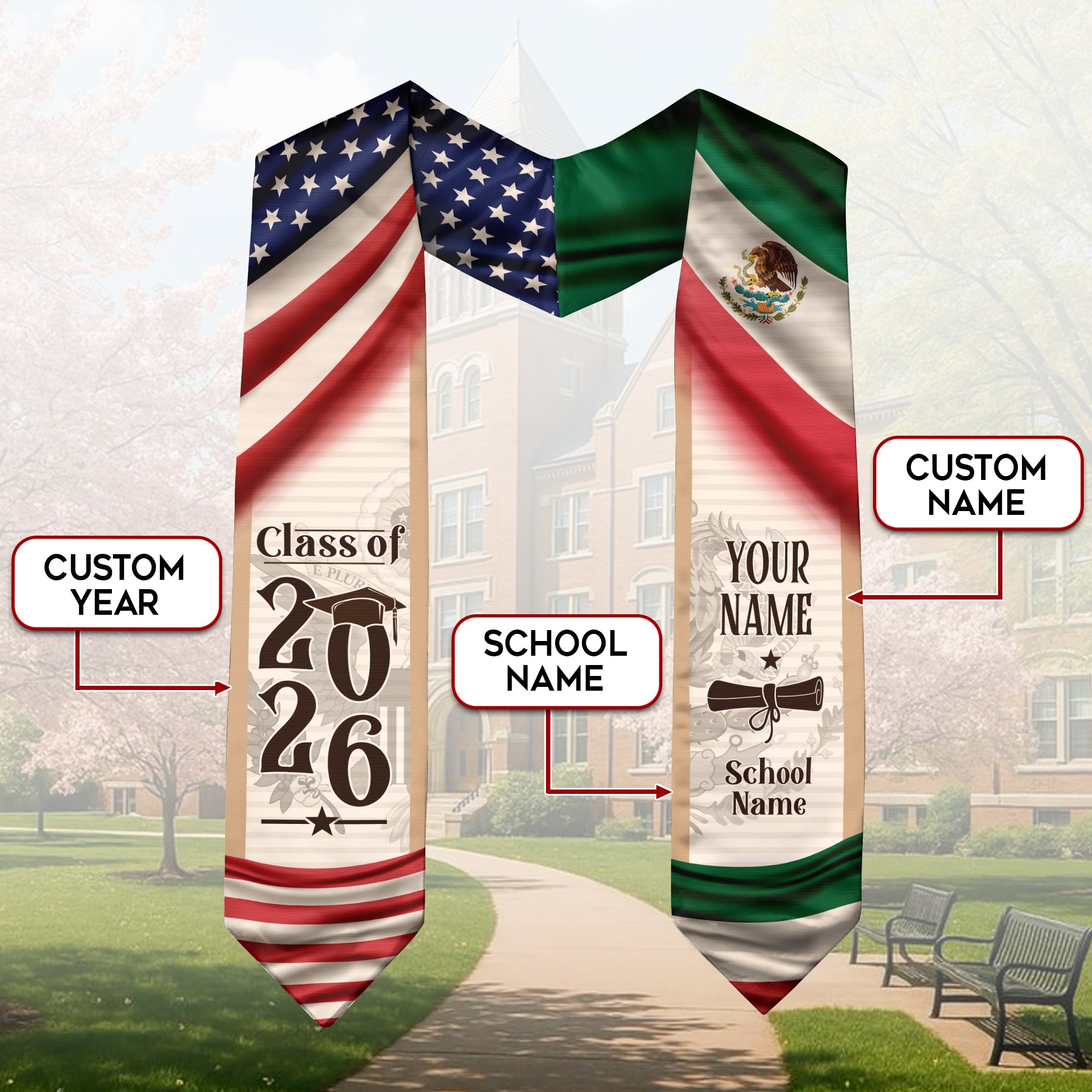 Mexican Stole for Graduation 2026, Mexico Graduation Stole, Customizable Flag Sash