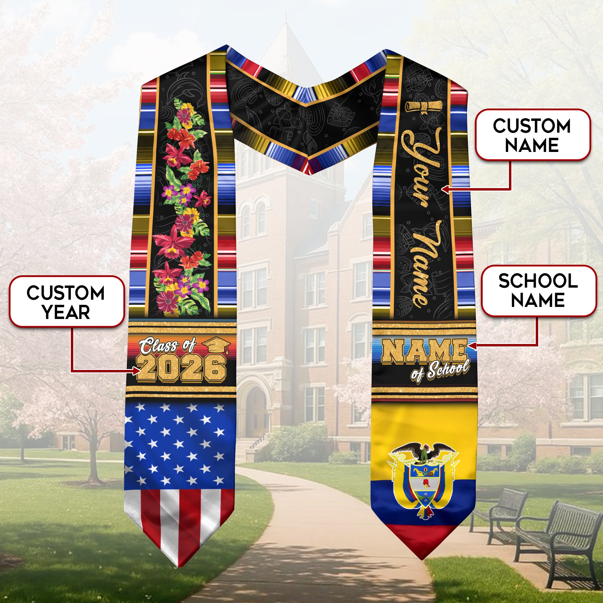 Colombia Graduation Stole 2026, Colombian Flag Sash, Graduation Stole with Custom Accent