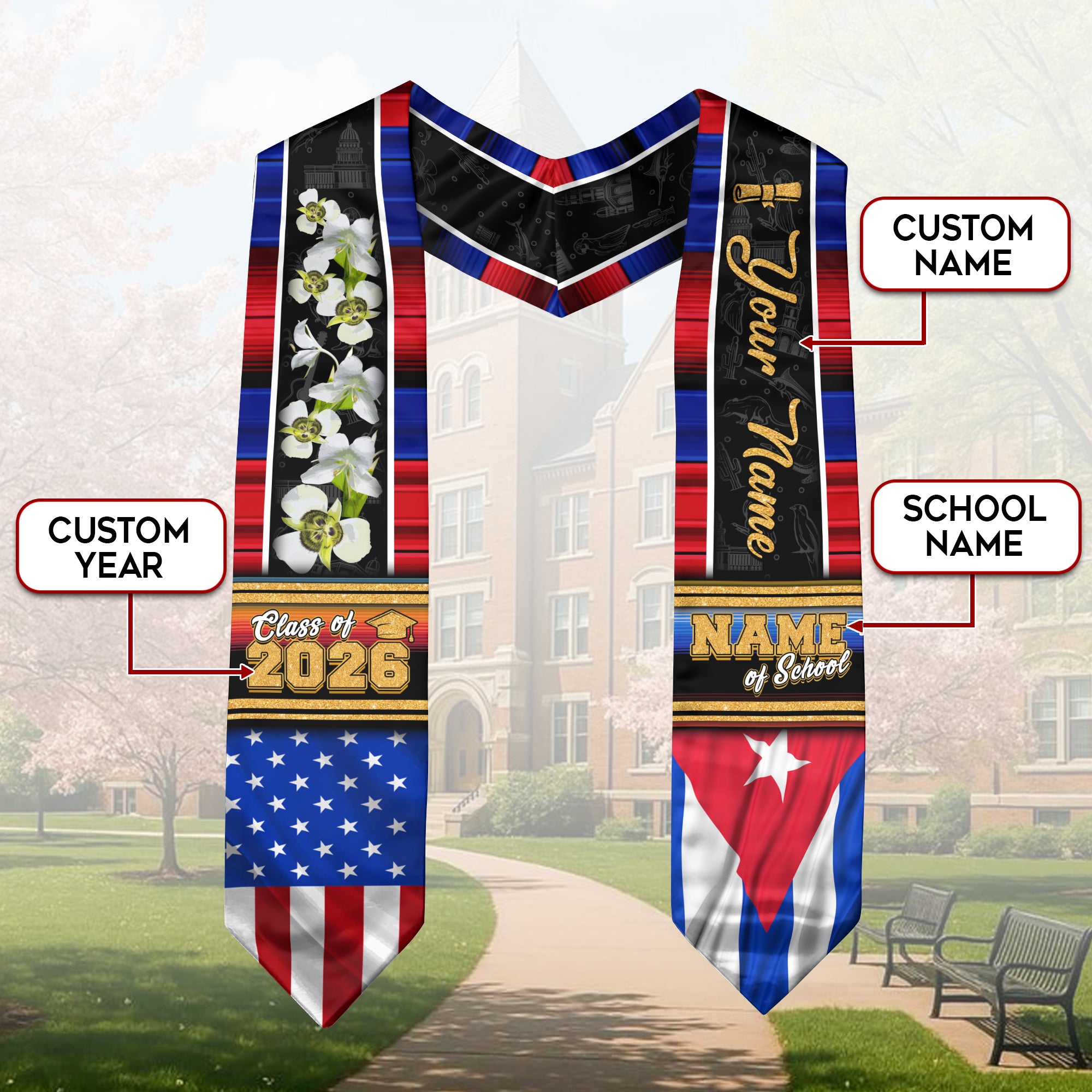 Cuba Graduation Stole 2026, Cuban Flag Graduation Sash, Graduation Stole with Custom Accent