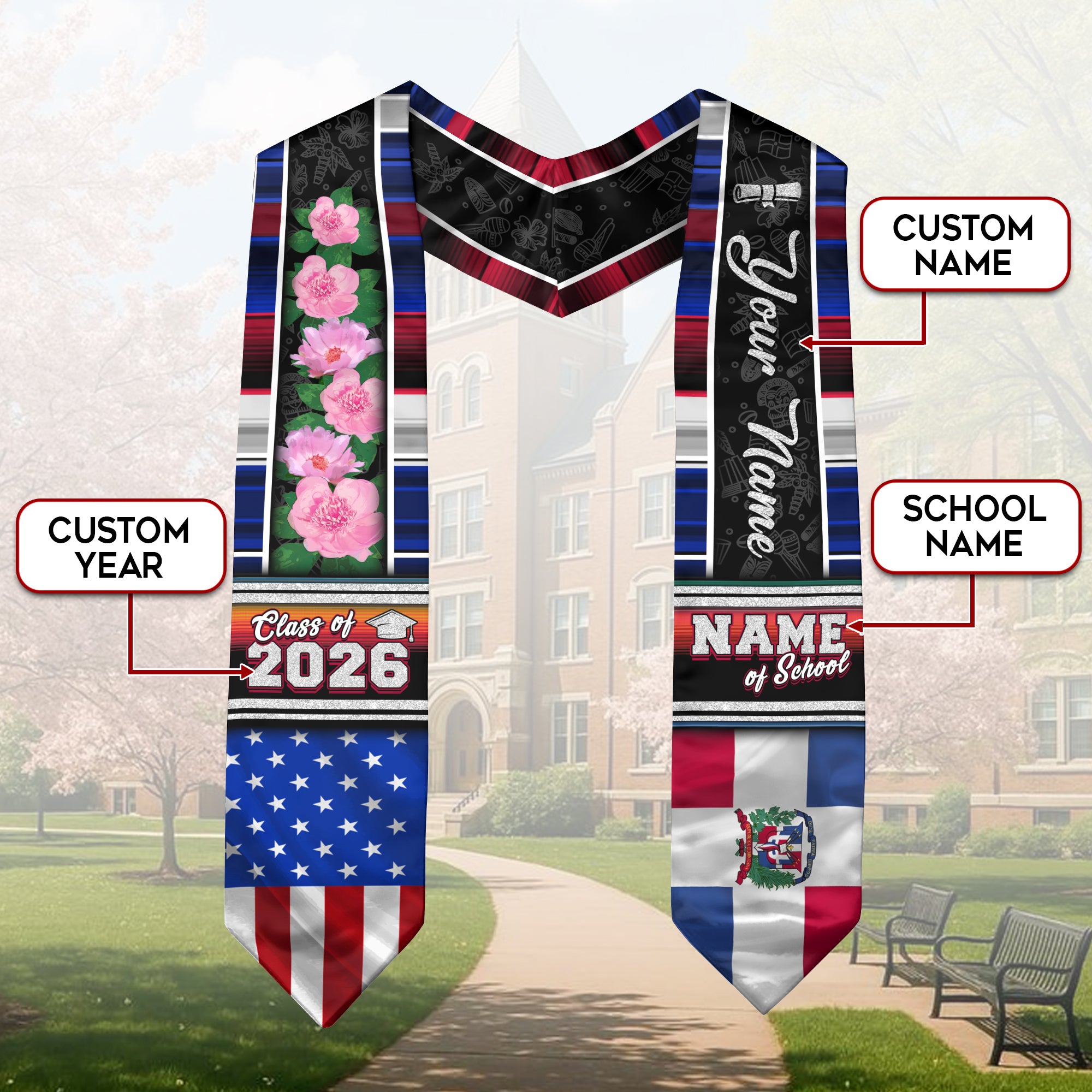 Dominican Graduation Stole 2026, Dominican Flag Sash, Graduation Stole with Custom Accent