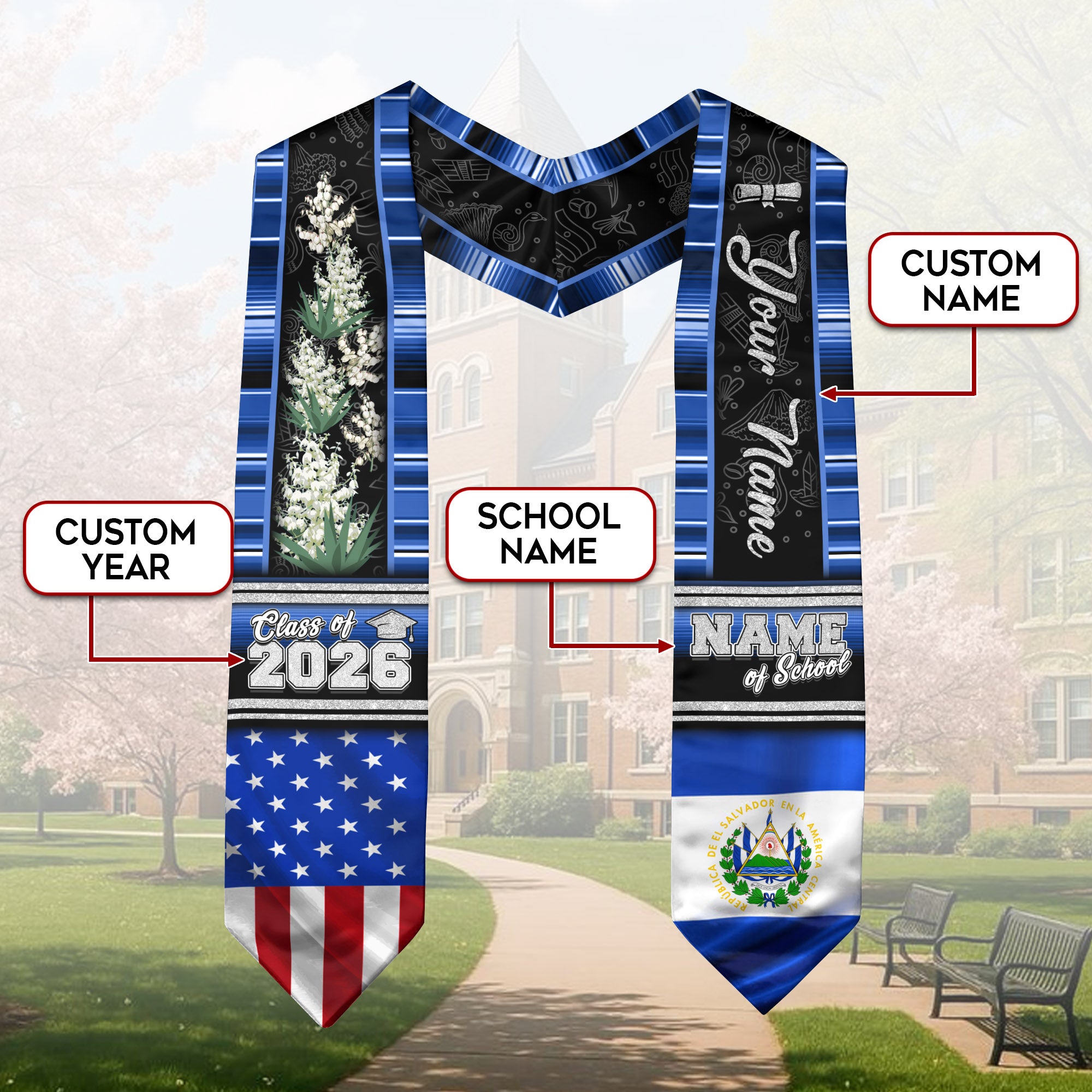 El Salvador Graduation Stole 2026, Salvadoran Flag Sash, Graduation Stole with Custom Accent