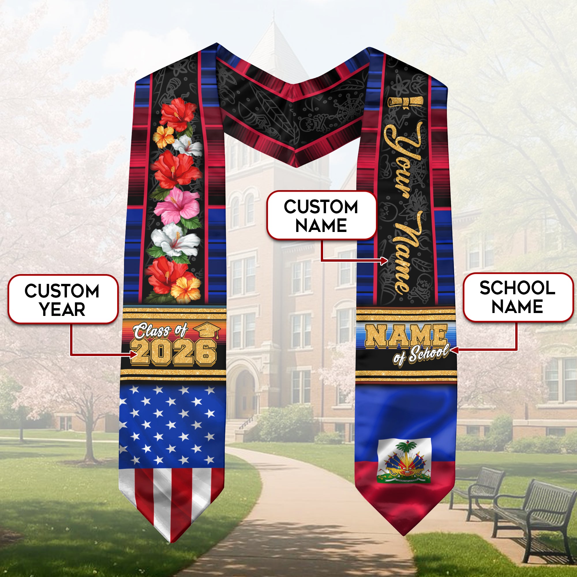 Haiti Graduation Stole 2026, Haitian Flag Sash, Graduation Stole with Custom Accent