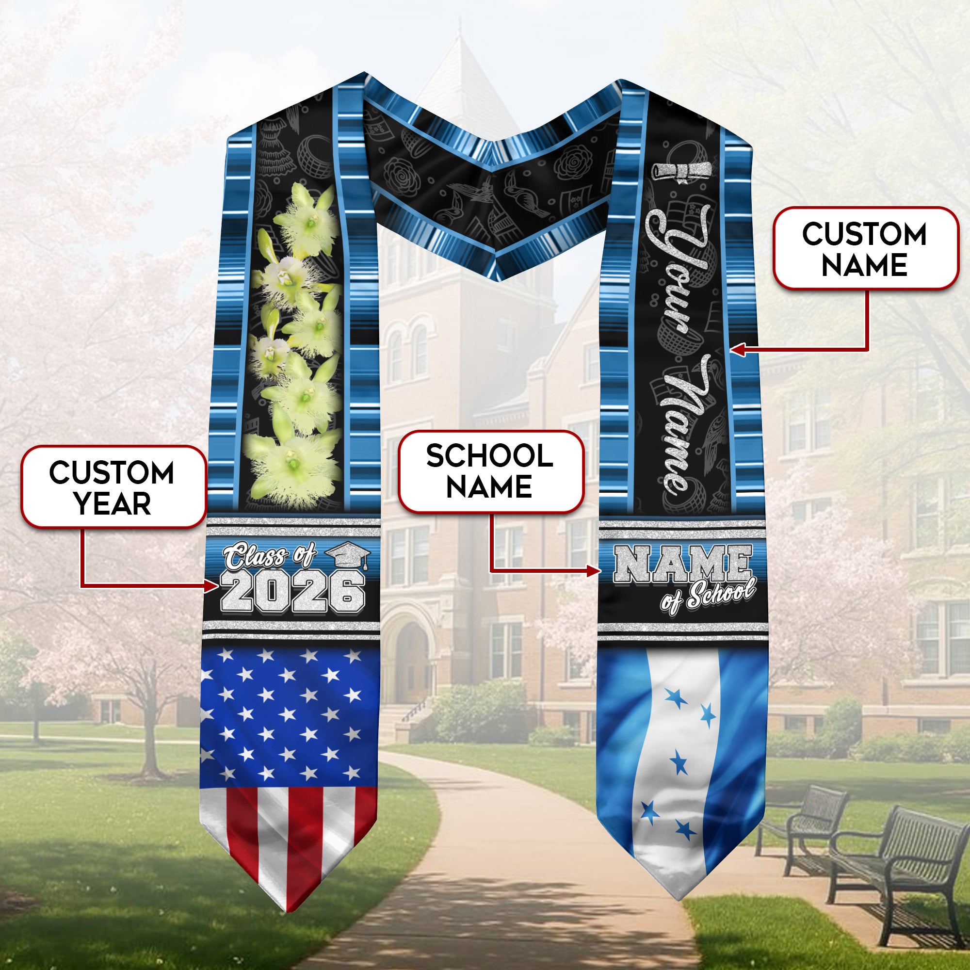 Honduras Graduation Stole 2026, Honduran Flag Sash, Graduation Stole with Custom Accent
