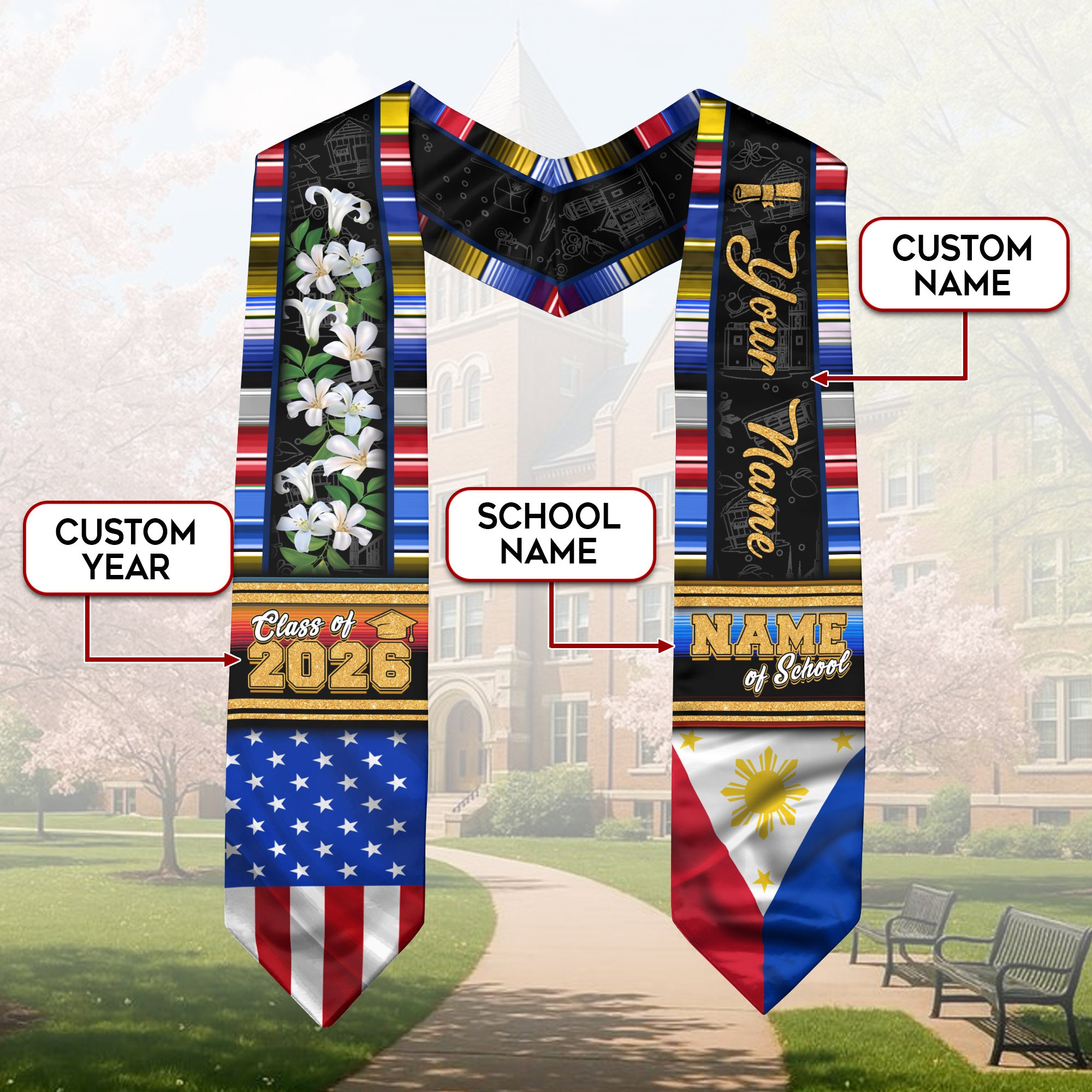 Philippines Graduation Stole 2026, Filipino Flag Sash, Graduation Stole with Custom Accent
