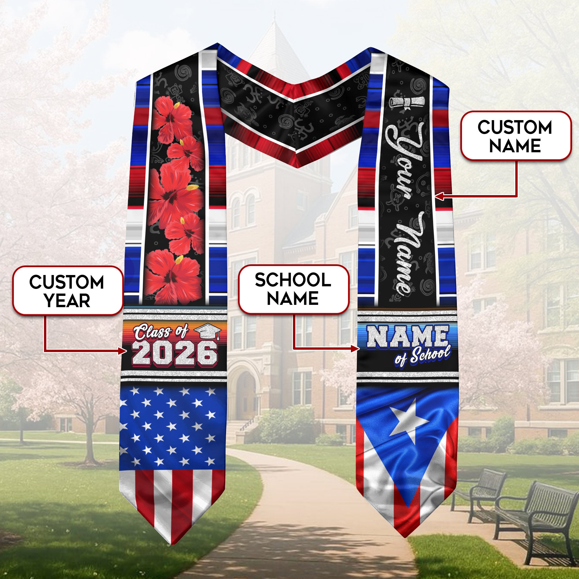 Puerto Rico Graduation Stole 2026, Puerto Rican Flag Sash, Graduation Stole Custom Accent