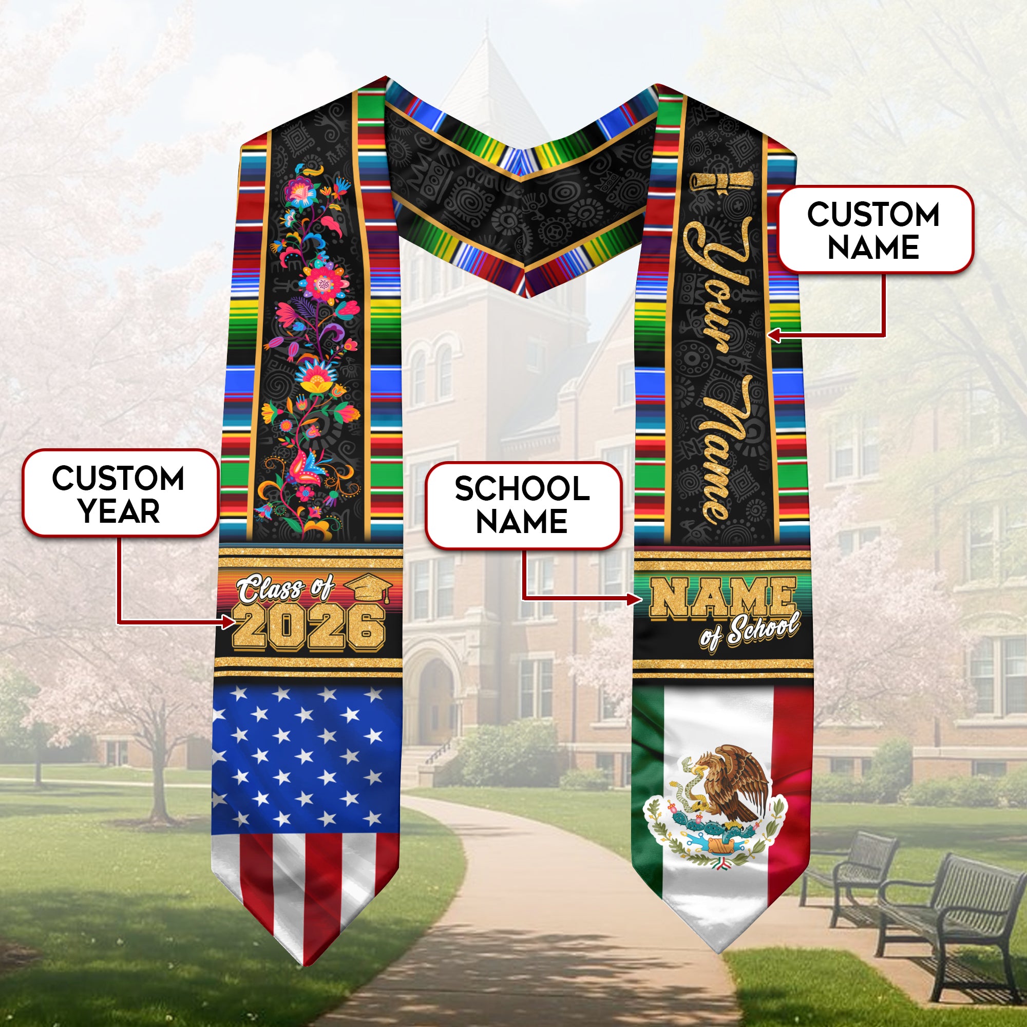 Mexico Graduation Stole 2026, Mexican Flag Sash, Graduation Stole with Custom Accent, Mexico Custom