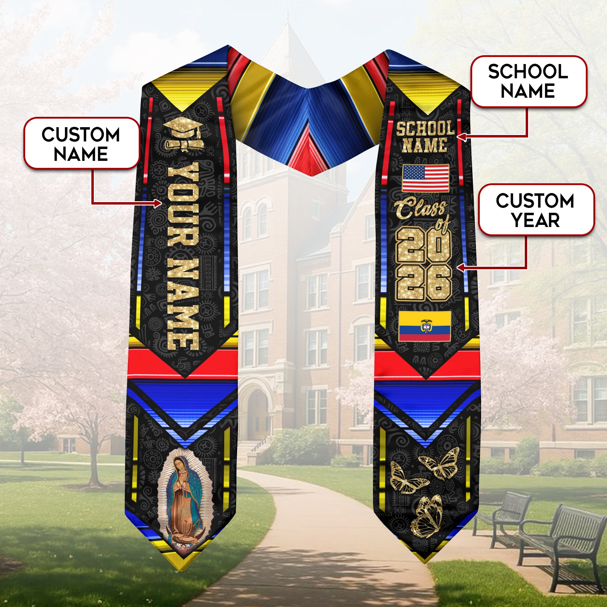 Colombian Flag Graduation Sash 2026, Colombia Graduation Stole, Customizable Detail Stole