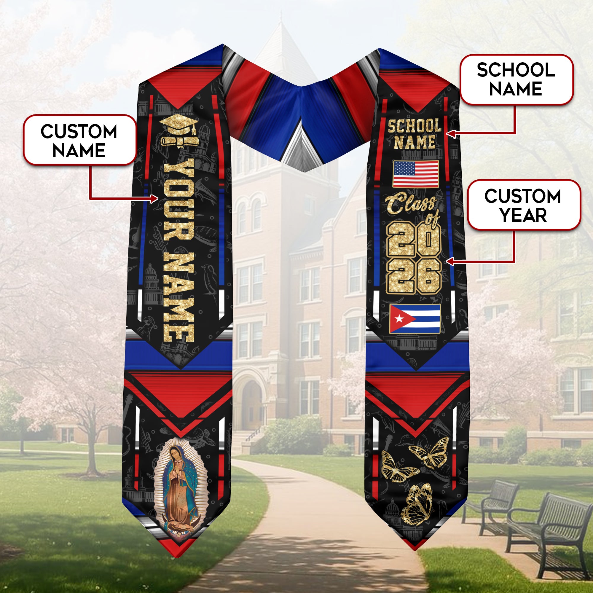 Cuban Flag Graduation Sash 2026, Cuba Graduation Stole, Customizable Detail Stole 2026