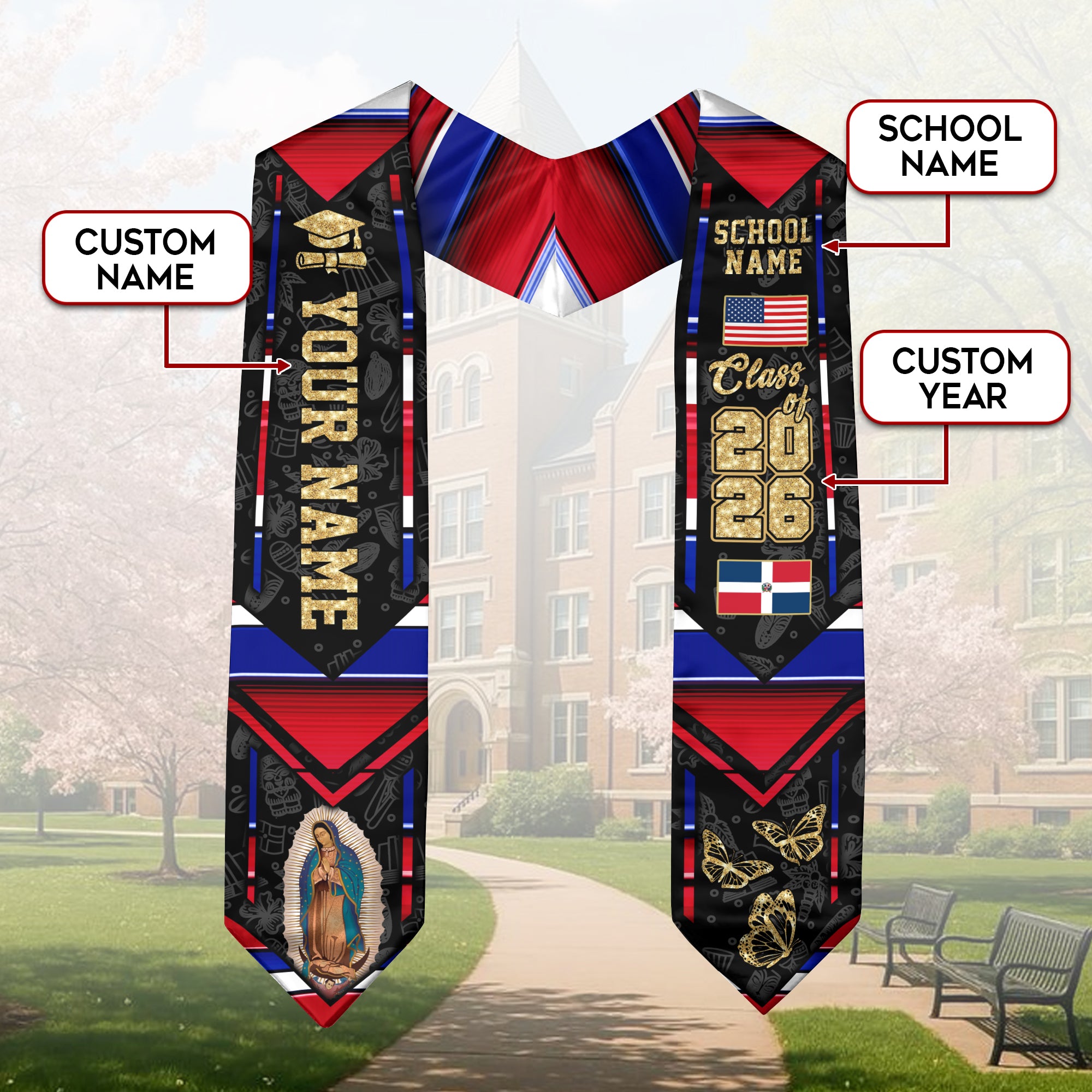 Dominican Flag Graduation Sash 2026, Dominican Graduation Stole, Customizable Detail Stole