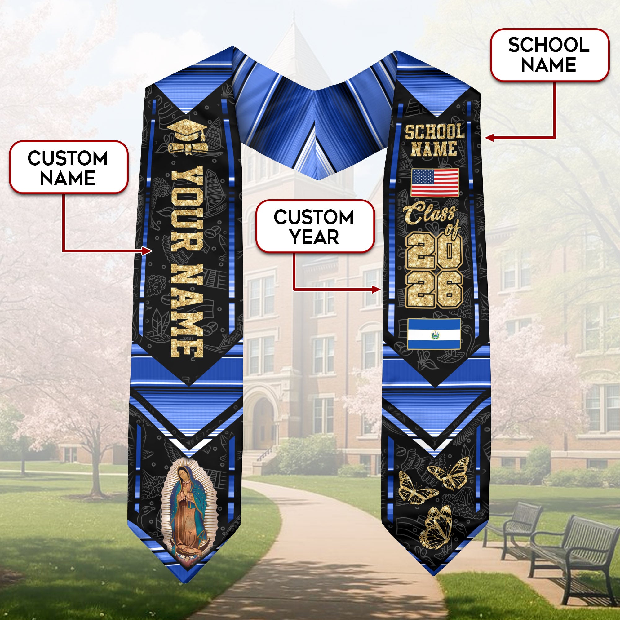 Salvadoran Flag Graduation Sash 2026, El Salvador Graduation Stole, Customizable Detail