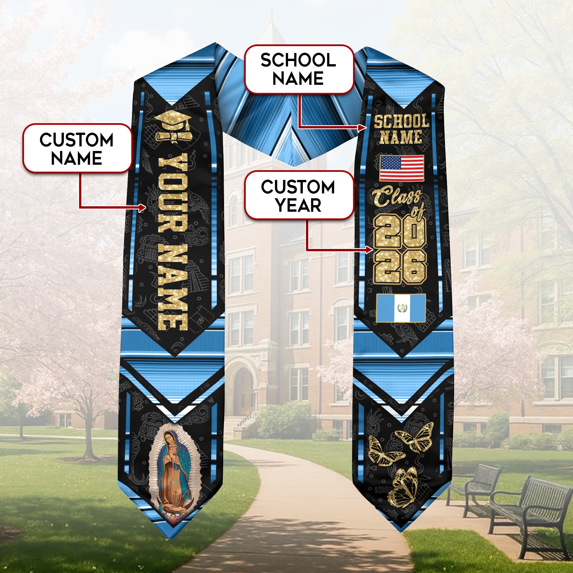 2026 Guatemala Graduation Stole, Guatemala Flag Stole, Guatemala Sash