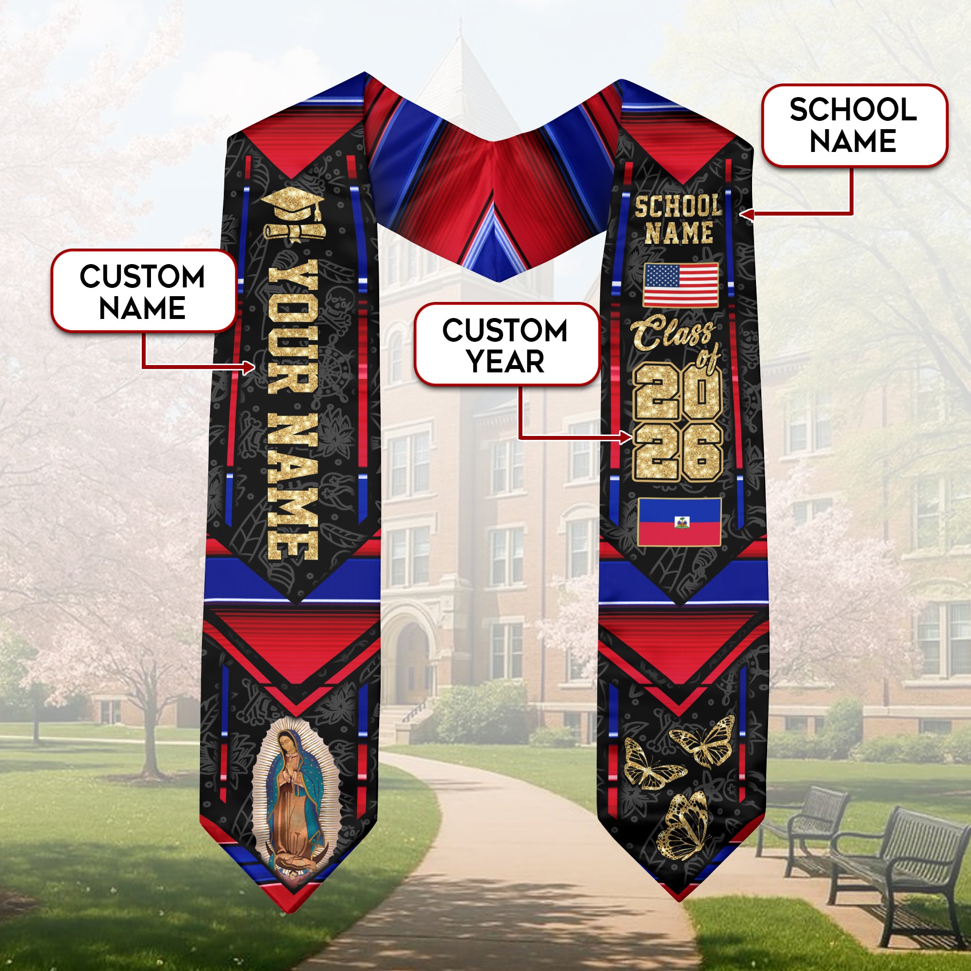 Haitian Flag Graduation Sash 2026, Haiti Graduation Stole, Customizable Detail Stole