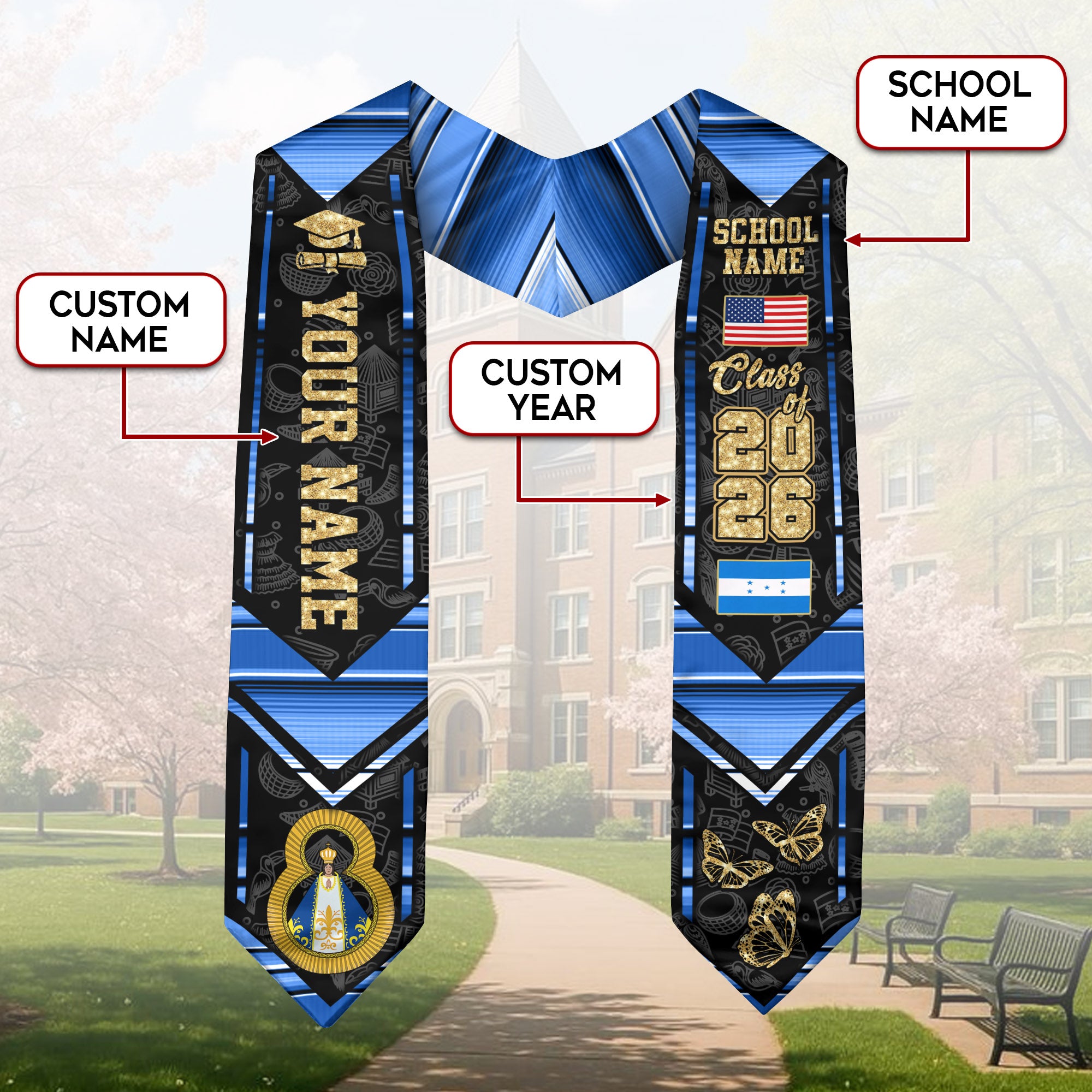 Honduran Flag Graduation Sash 2026, Honduras Graduation Stole, Customizable Detail Stole