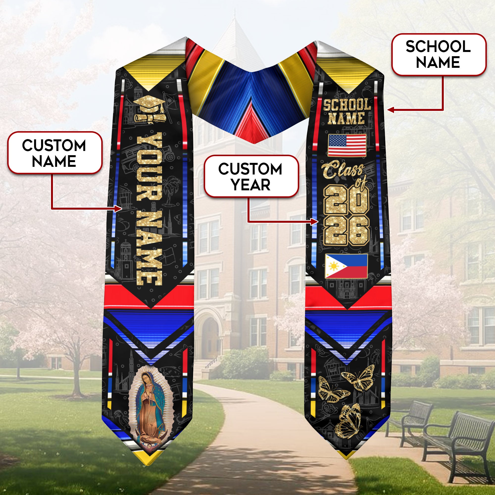 Filipino Flag Graduation Sash 2026, Philippines Graduation Stole, Customizable Detail Stole