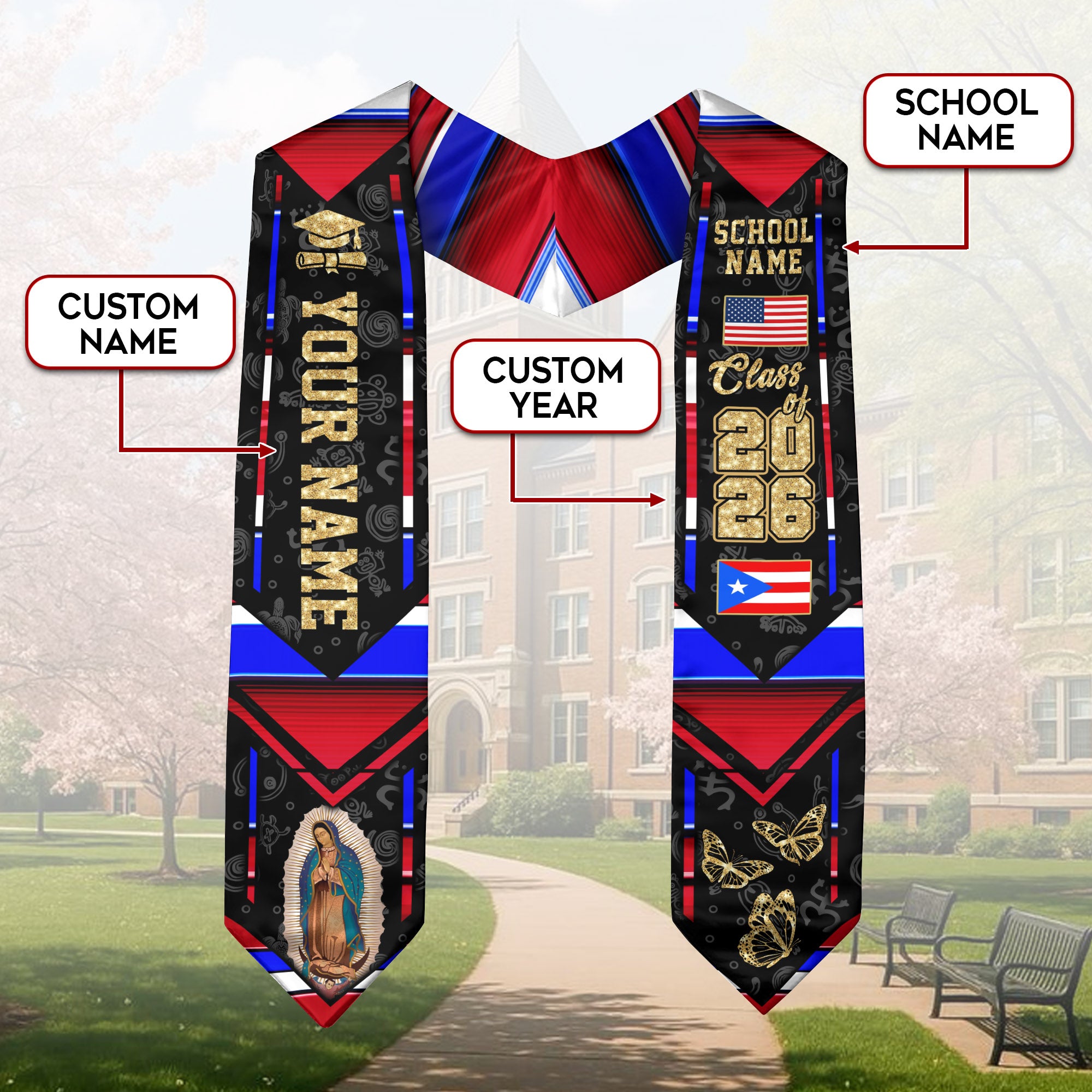 Puerto Rican Flag Graduation Sash 2026, Puerto Rico Graduation Stole, Customizable Detail