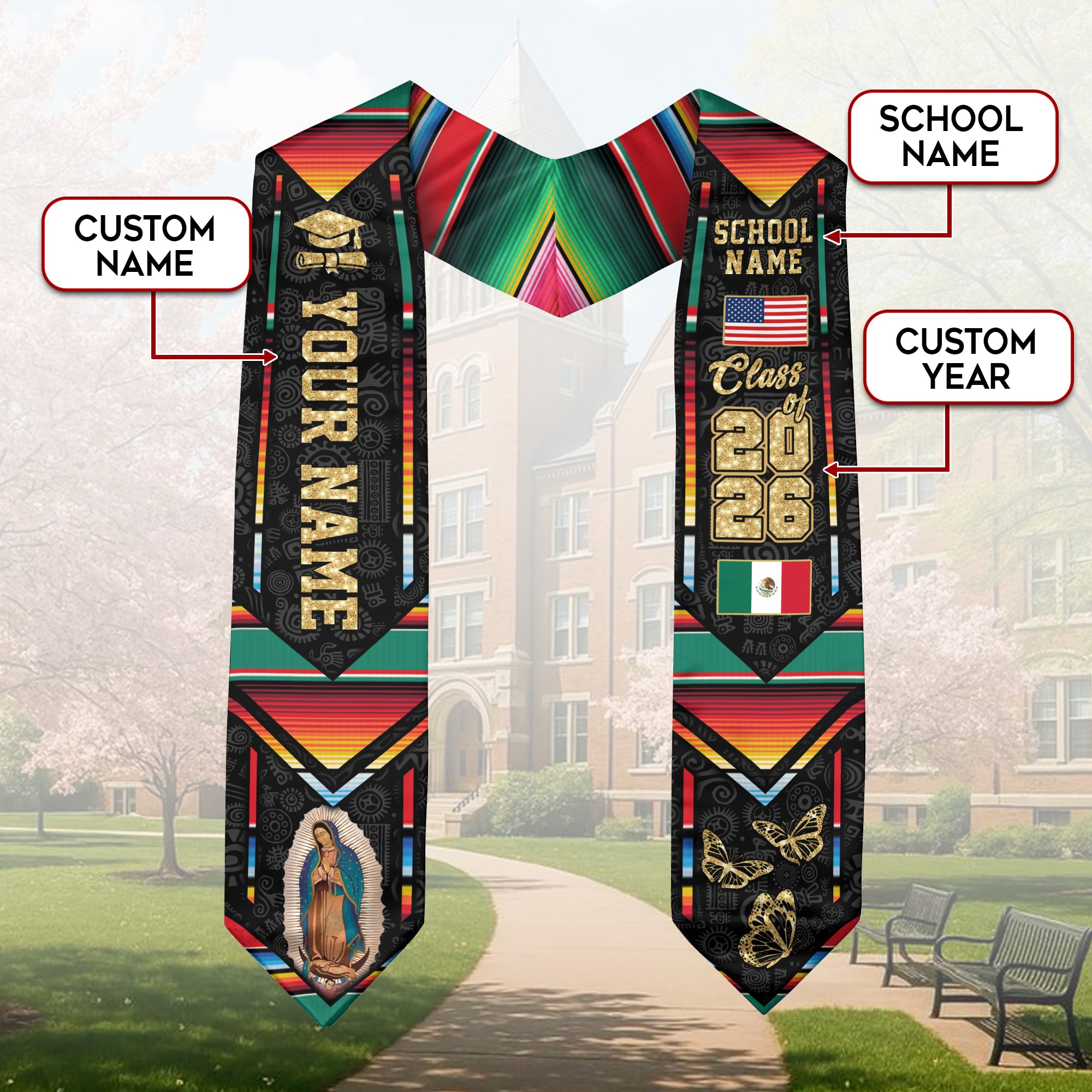 Mexican Flag Graduation Sash 2026, Mexico Graduation Stole, Customizable Detail Stole