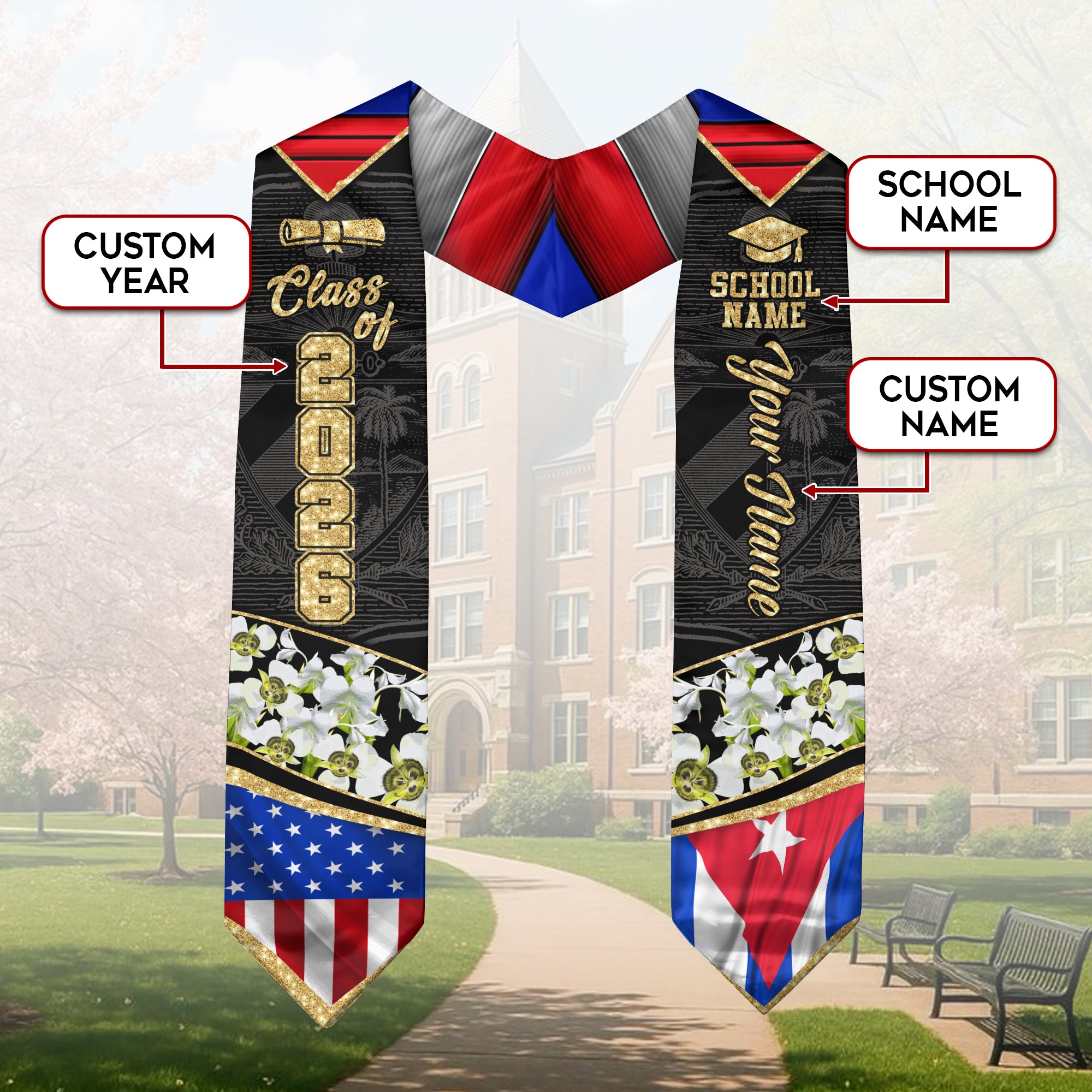 Cuban Graduation Sash 2026, Cuba Graduation Stole, Stole with Personalized Finish for Grads