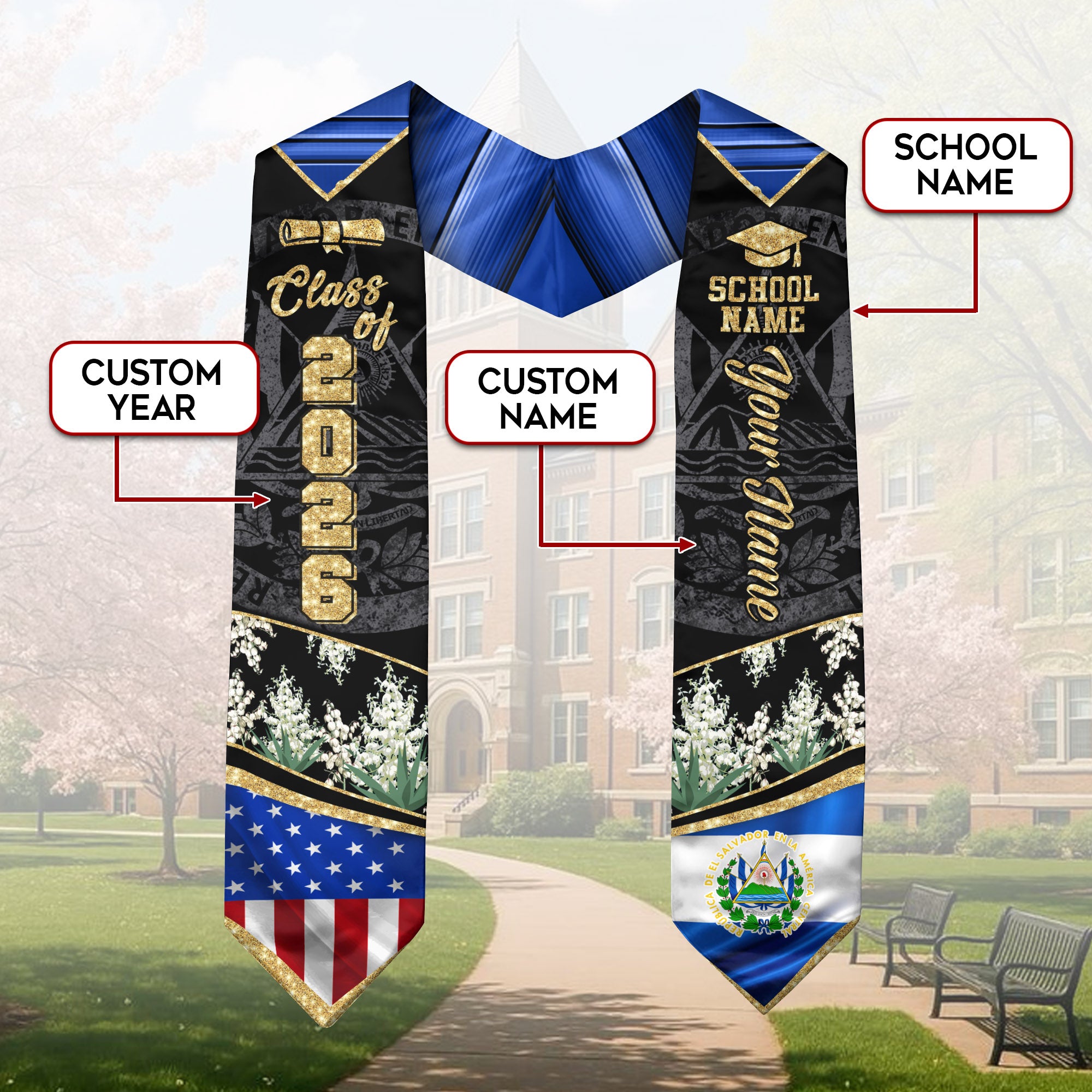El Salvador Graduation Sash 2026, Salvadoran Graduation Stole, Stole with Personalized Finish