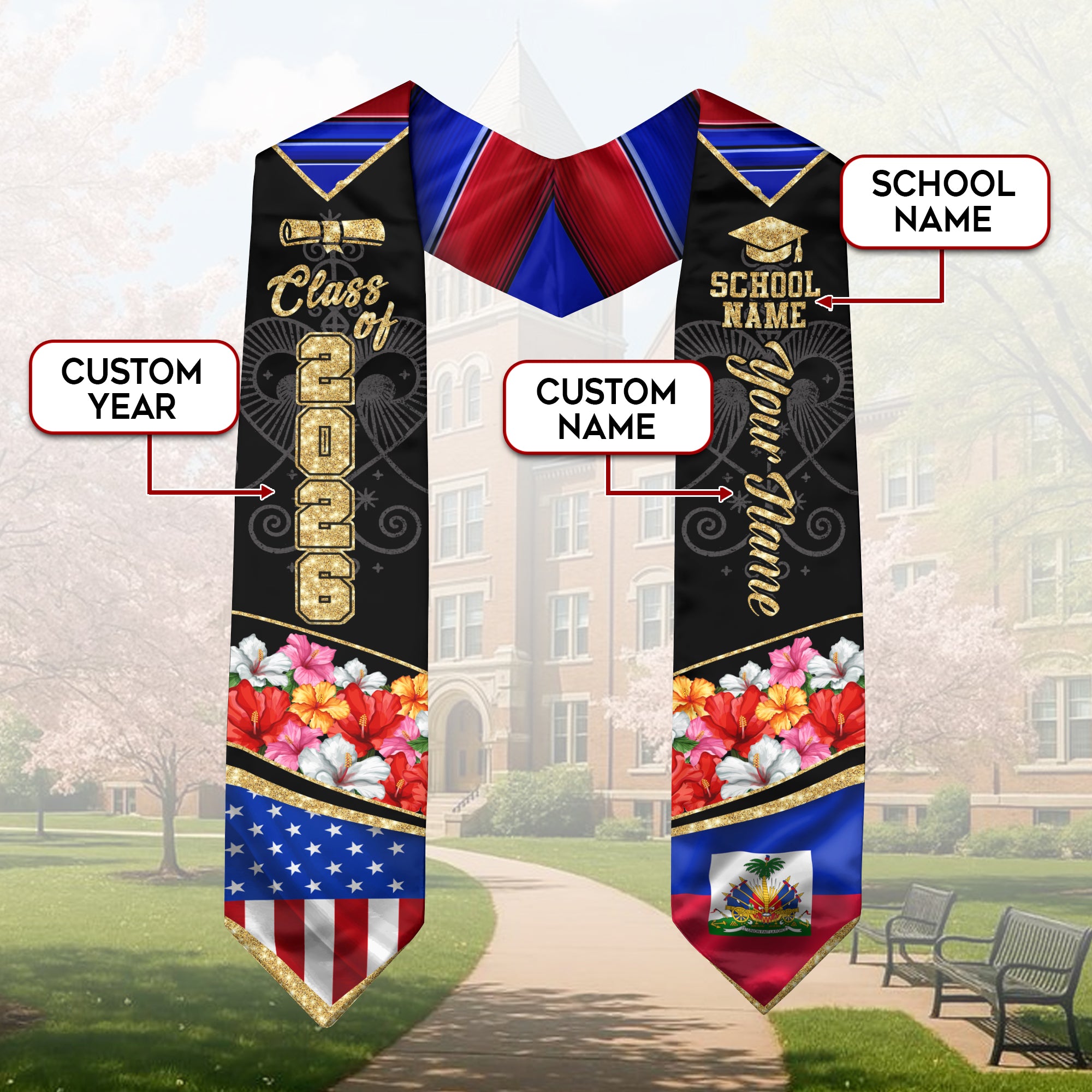 Haitian Graduation Sash 2026, Haiti Graduation Stole, Stole with Personalized Finish