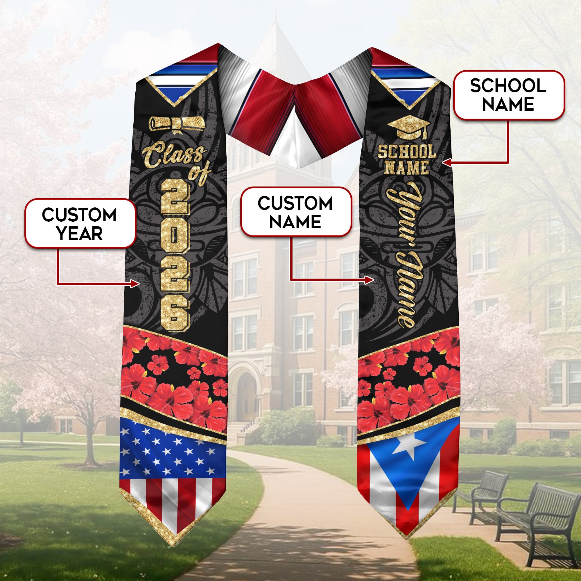 Puerto Rico Graduation Sash 2026, Puerto Rican Graduation Stole, Personalized Finish Stole