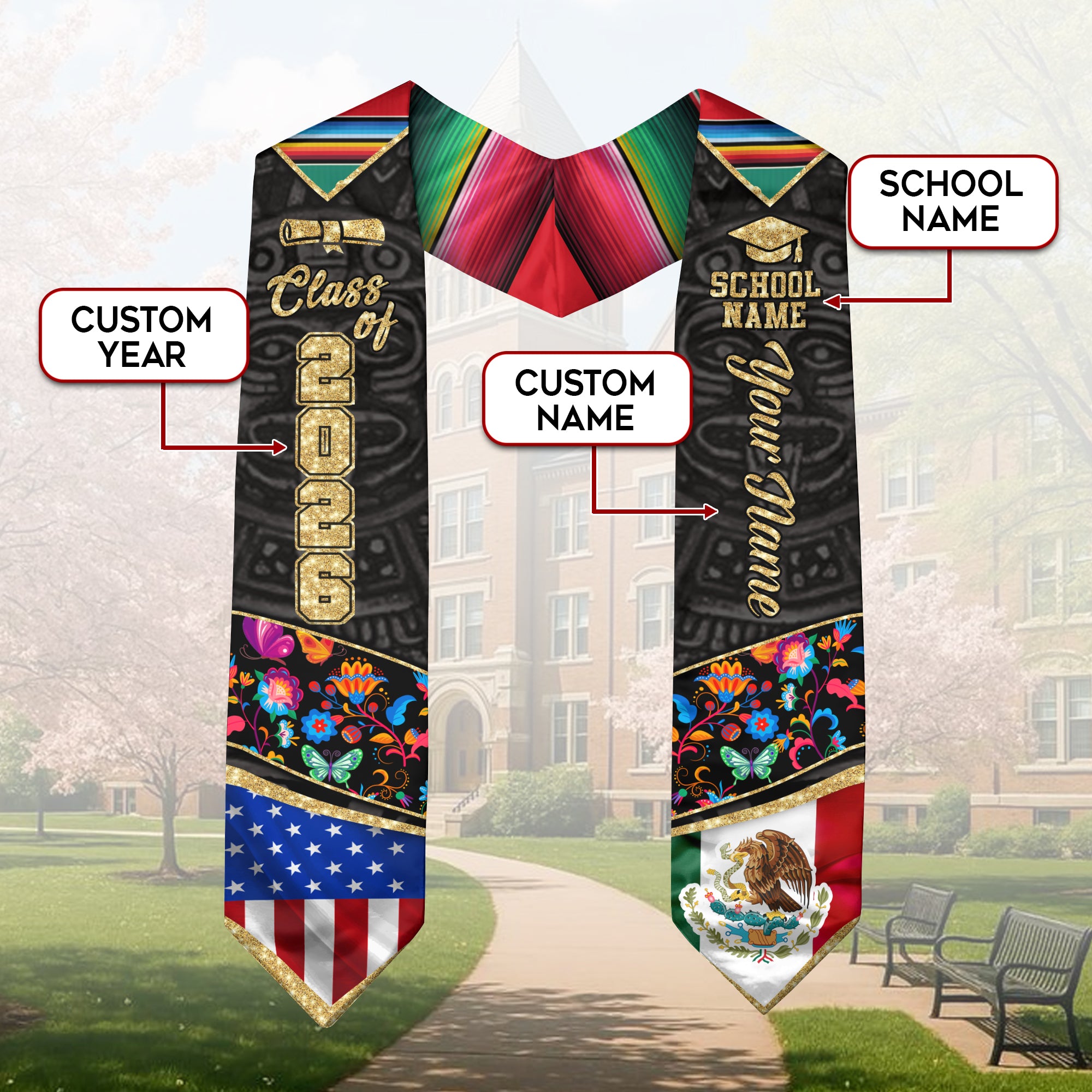Mexican Graduation Sash 2026, Mexico Graduation Stole, Stole with Personalized Finish