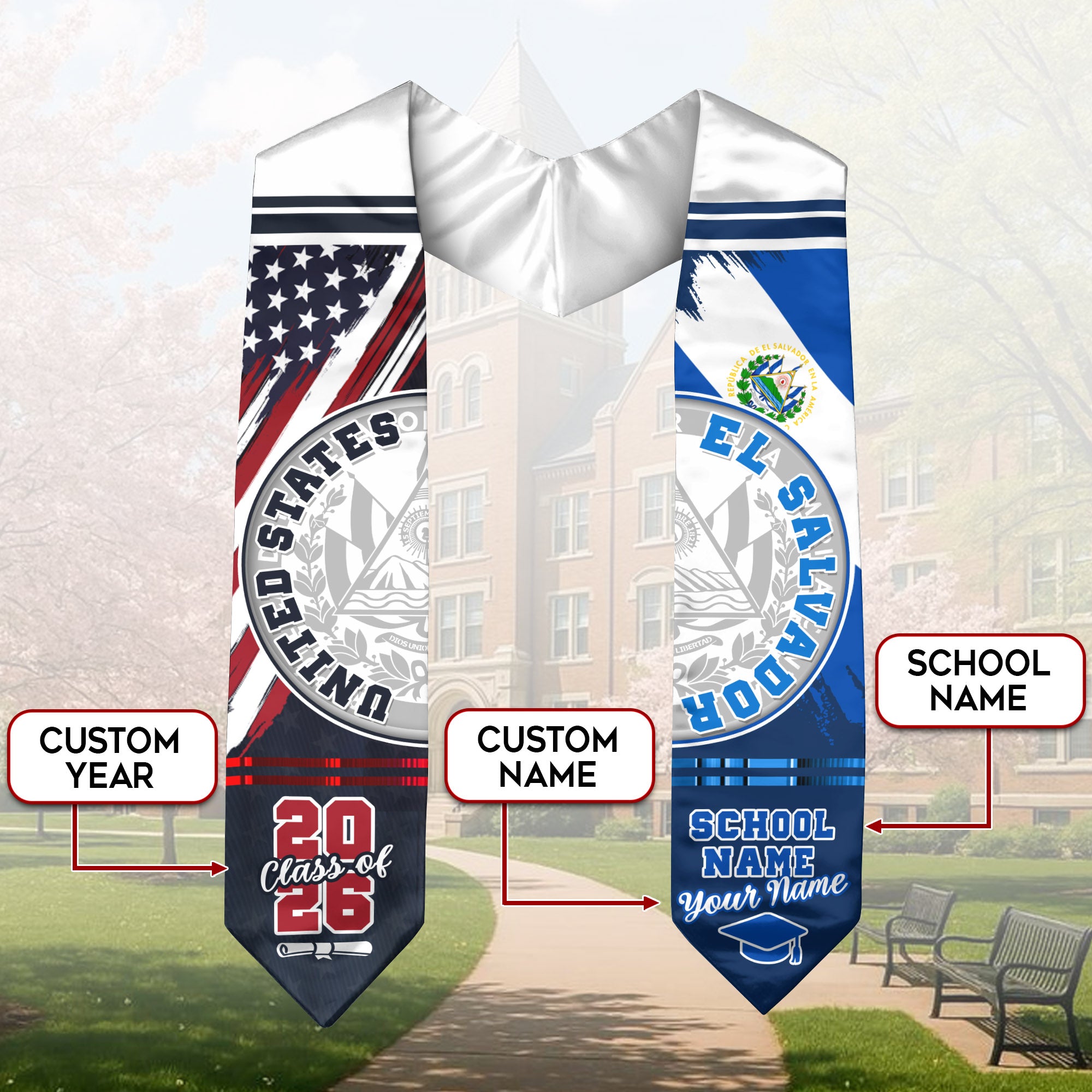 El Salvador Flag Graduation Stole 2026, Salvadoran Grad Sash, Graduation Stole Custom Details