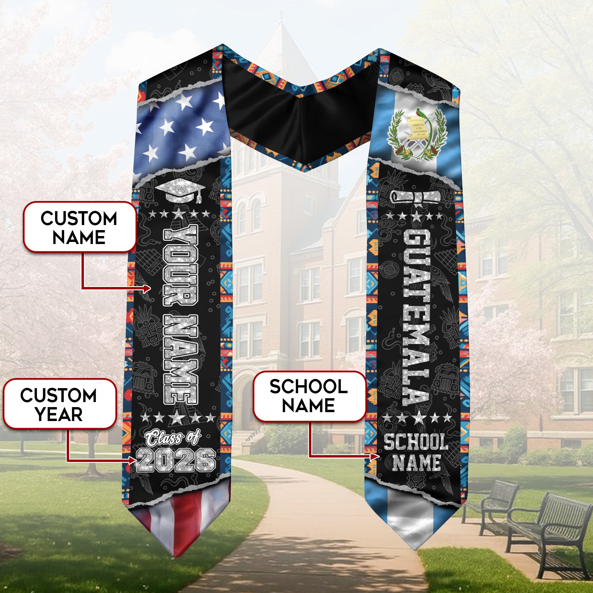 2026 Guatemala Flag Stole, Guatemala Stole, Guatemala Graduation Sash