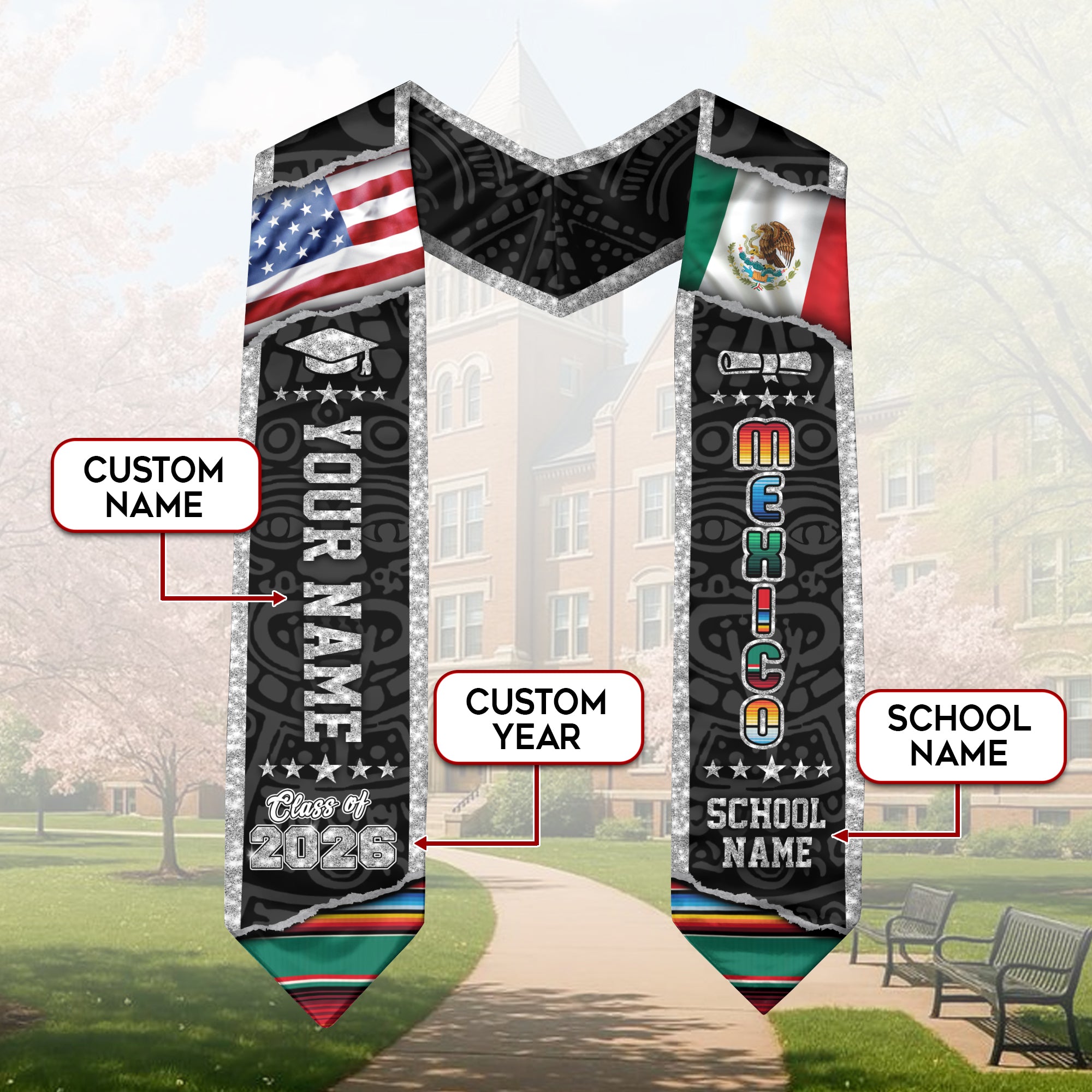 Mexico Flag Graduation Stole 2026, Mexican Grad Sash, Graduation Stole with Custom Details