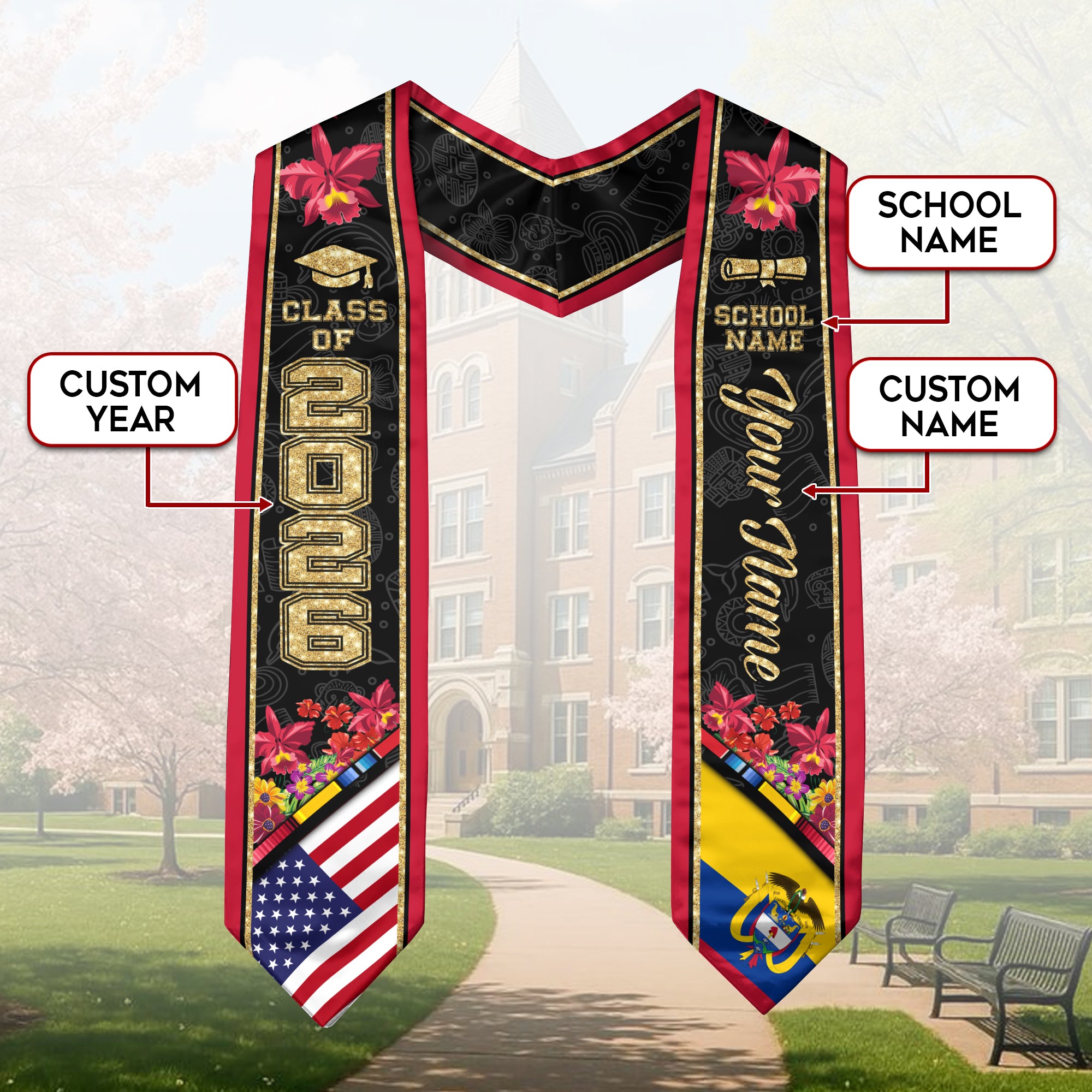 Colombia Graduation Stole 2026, Colombia Flag Sash, Custom Accent Graduation Stole 2026
