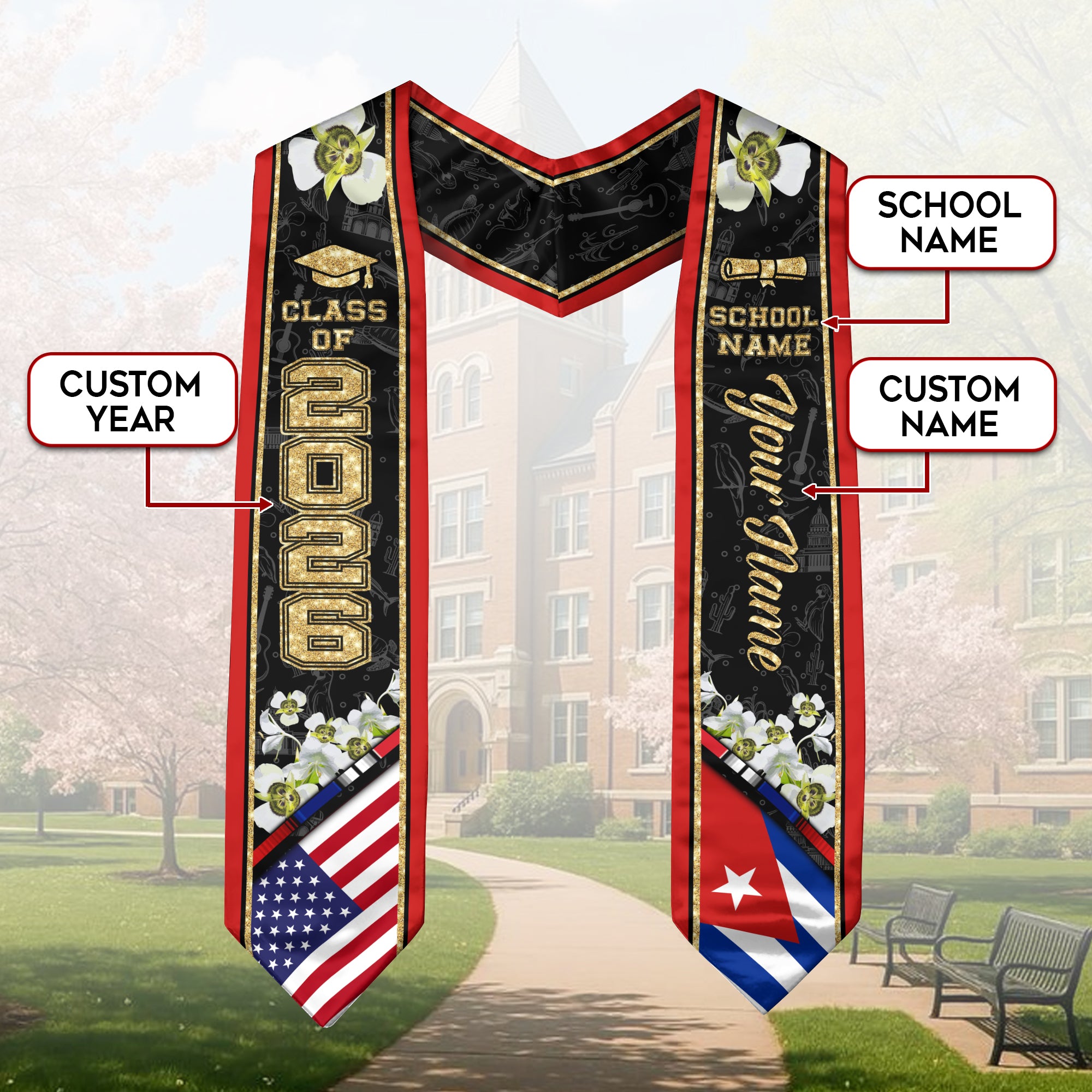 Cuba Graduation Stole 2026, Cuban Flag Sash, Custom Accent Graduation Stole for Class of 2026