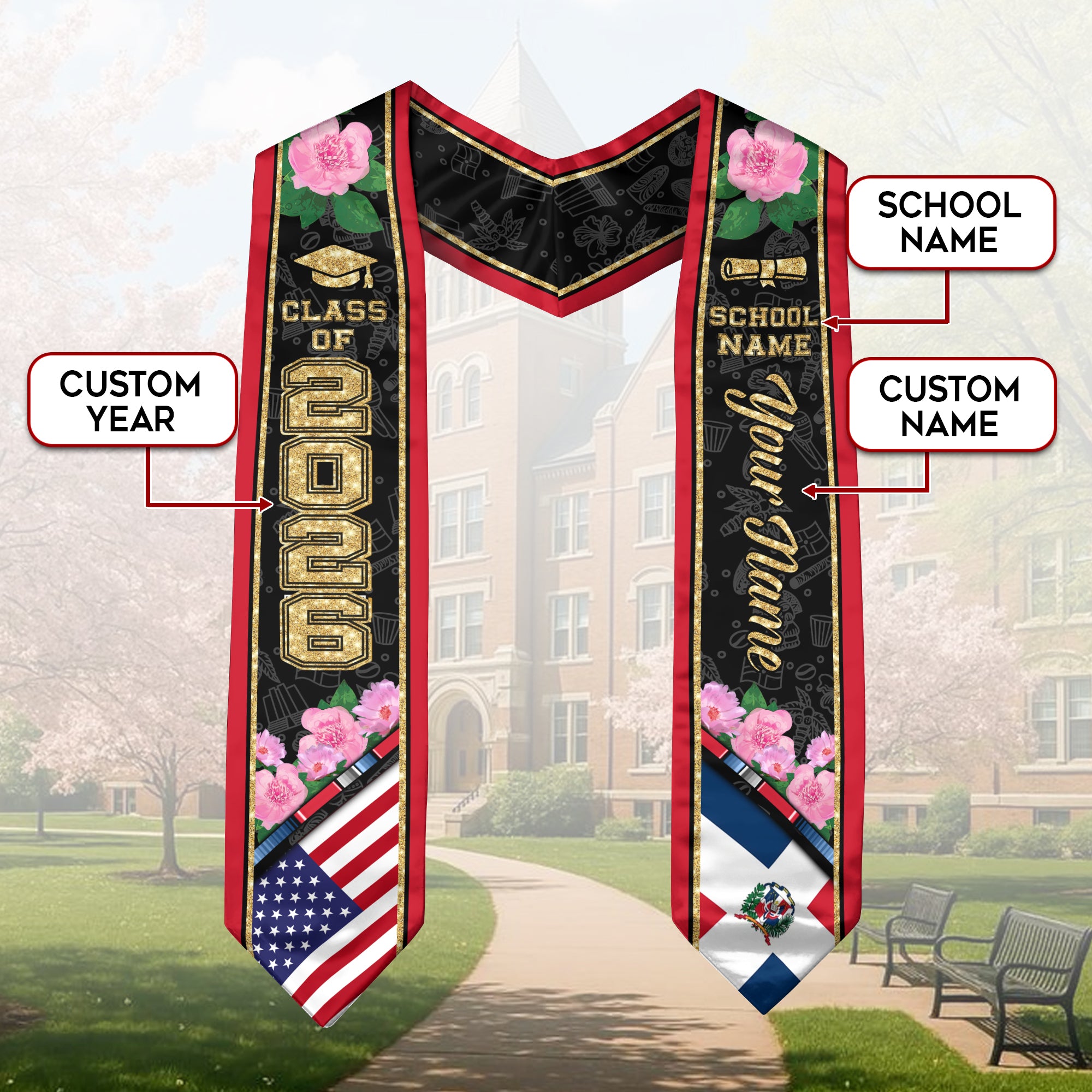 Dominican Graduation Stole 2026, Dominican Flag Sash, Custom Accent Graduation Stole 2026