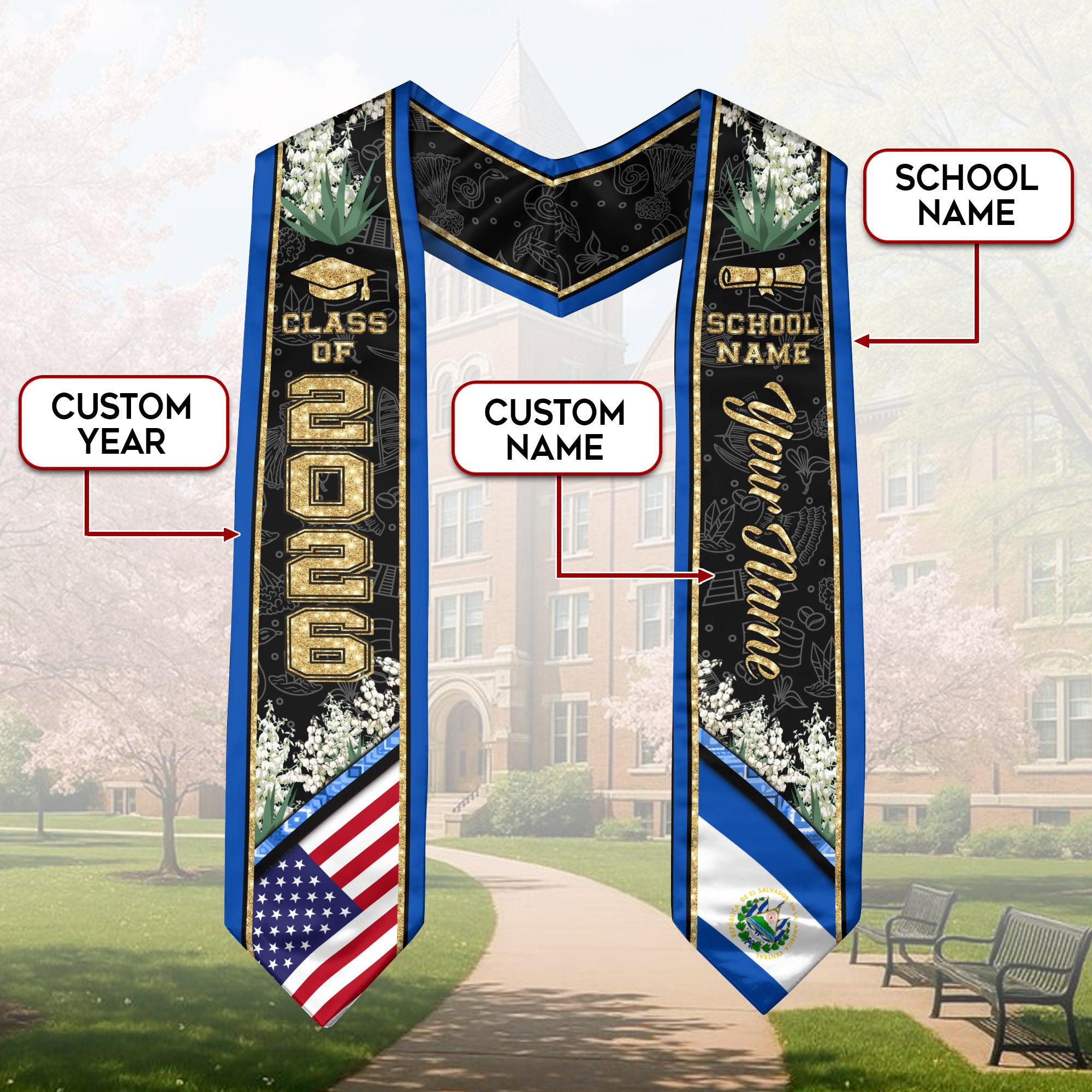 El Salvador Graduation Stole 2026, El Salvador Flag Sash, Custom Accent for Class of 2026