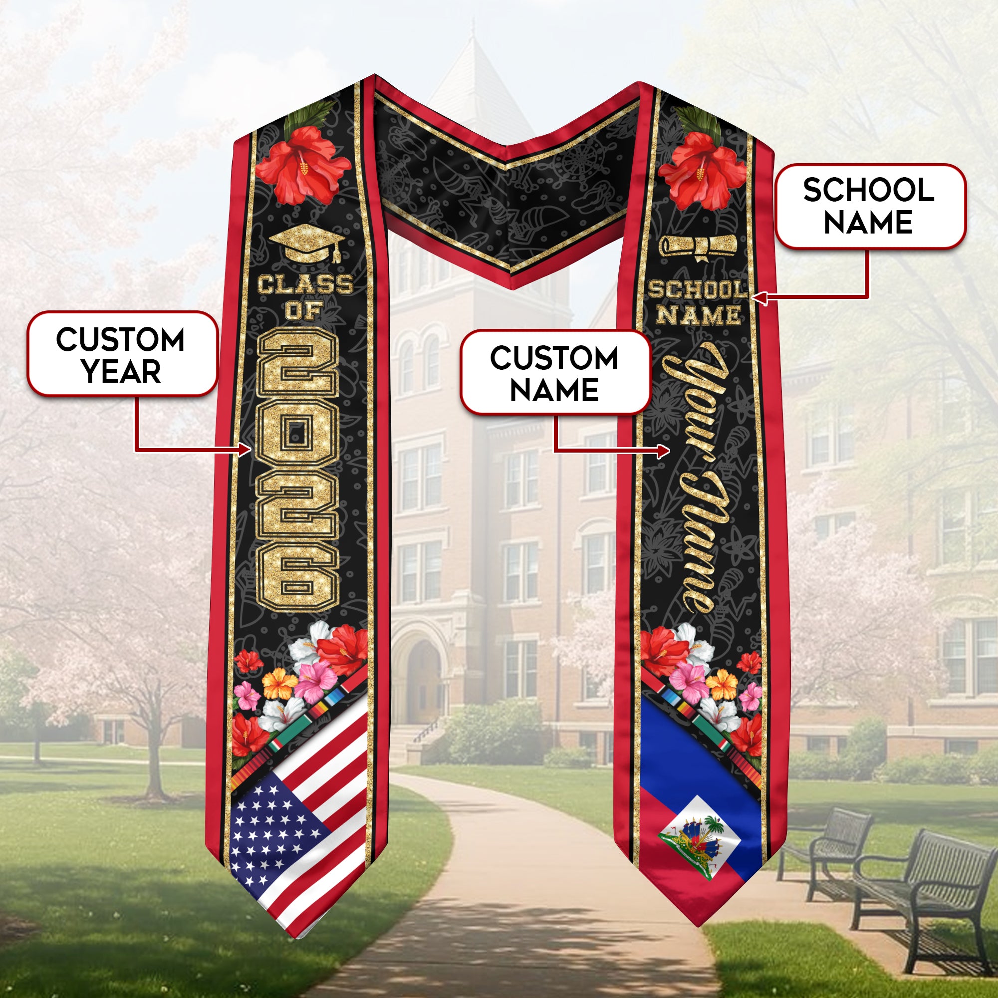 Haiti Graduation Stole 2026, Haitian Flag Sash, Custom Accent Graduation Stole 2026