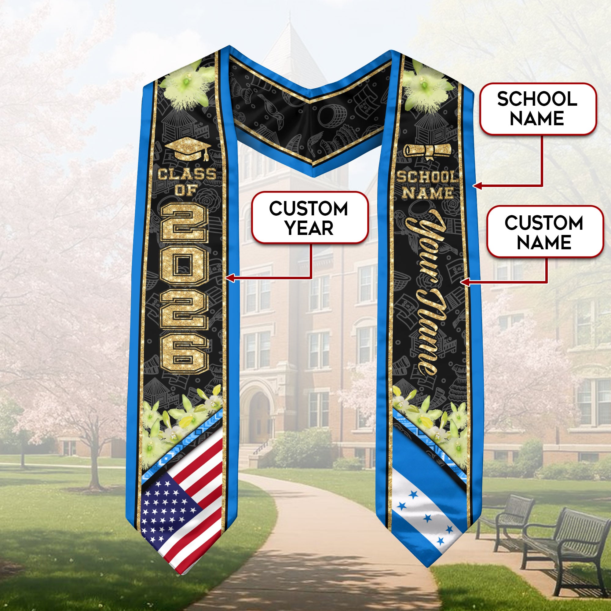 Honduras Graduation Stole 2026, Honduran Flag Sash, Custom Accent for Class of 2026