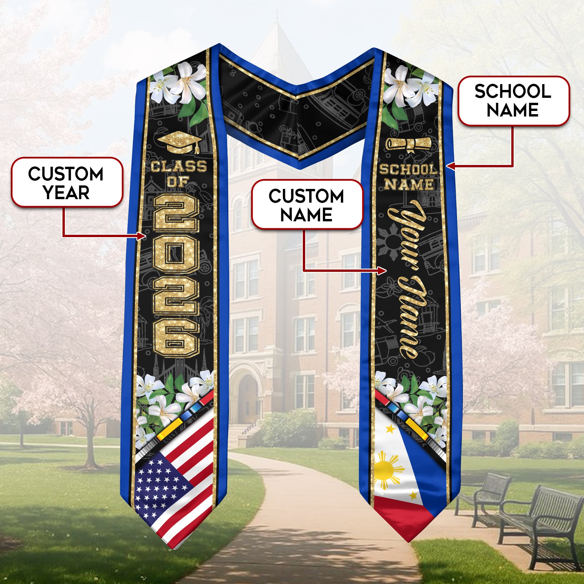 Philippines Graduation Stole 2026, Philippines Flag Sash, Custom Accent for Class of 2026