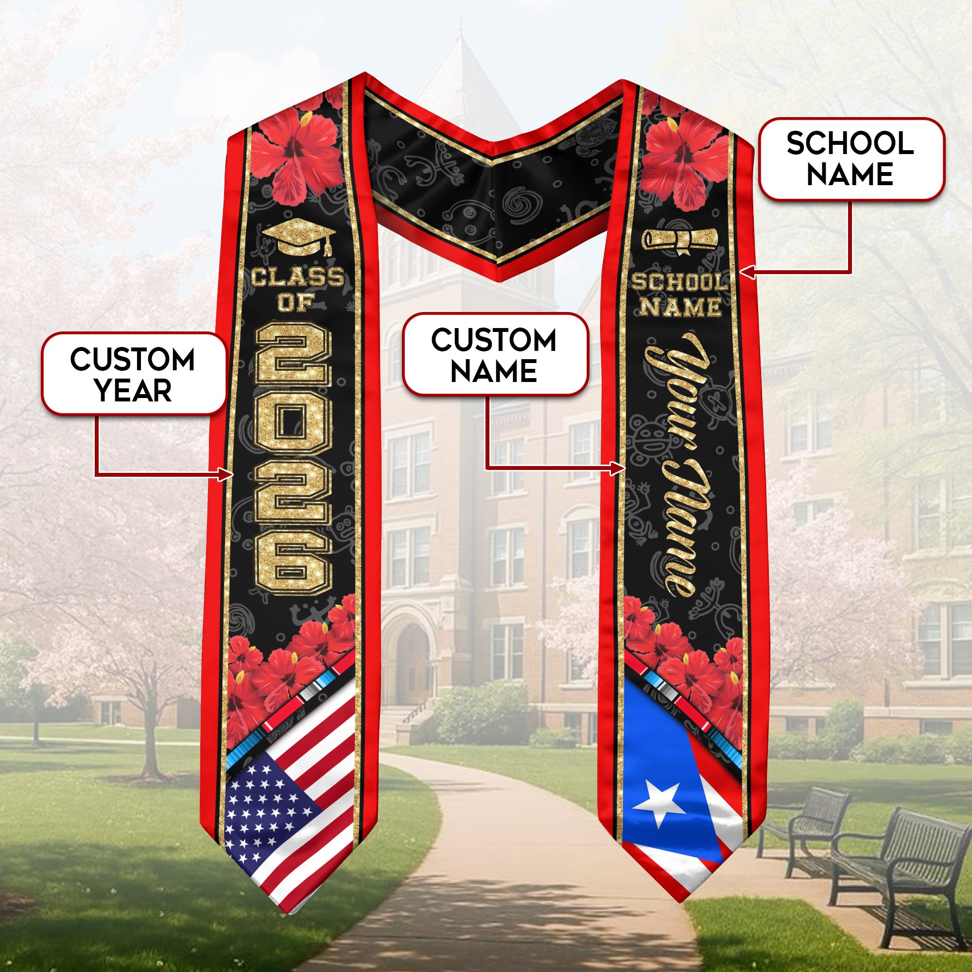 Puerto Rico Graduation Stole 2026, Puerto Rico Flag Sash, Custom Accent Class of 2026